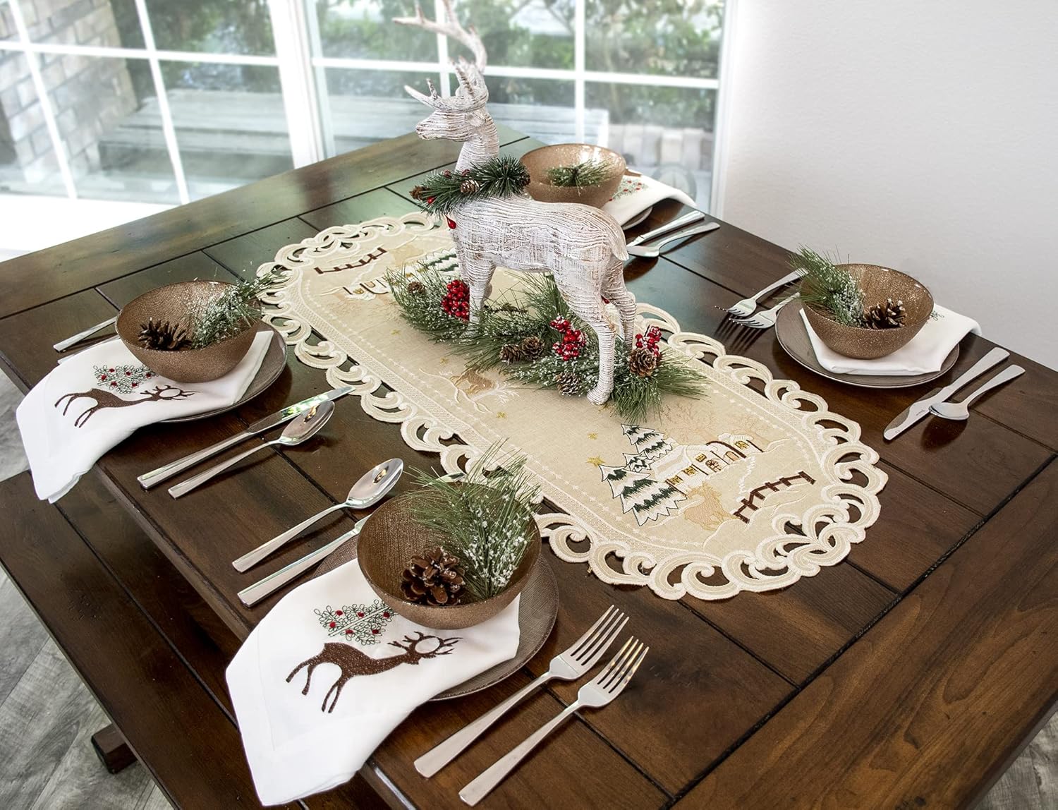 Linens, Art and Things Embroidered Beige Christmas Winter Snow Scene Table Runner, Dresser Scarf (16Wx35L)
