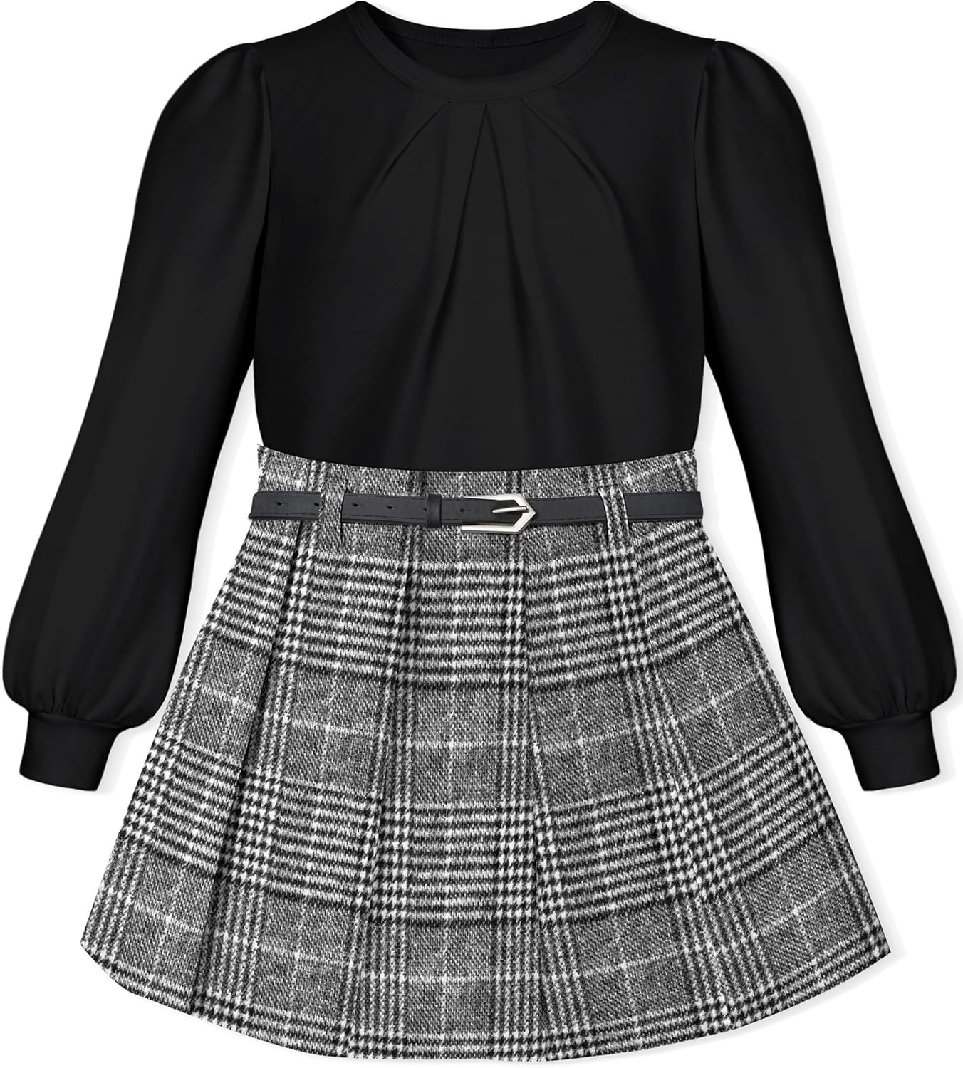 Girl Skirt Sets 3 Piece Girls Clothes Crew Neck Ruched Lantern Sleeve Tops Plaid Mini Skirts Fall Winter Outfit 6-12T