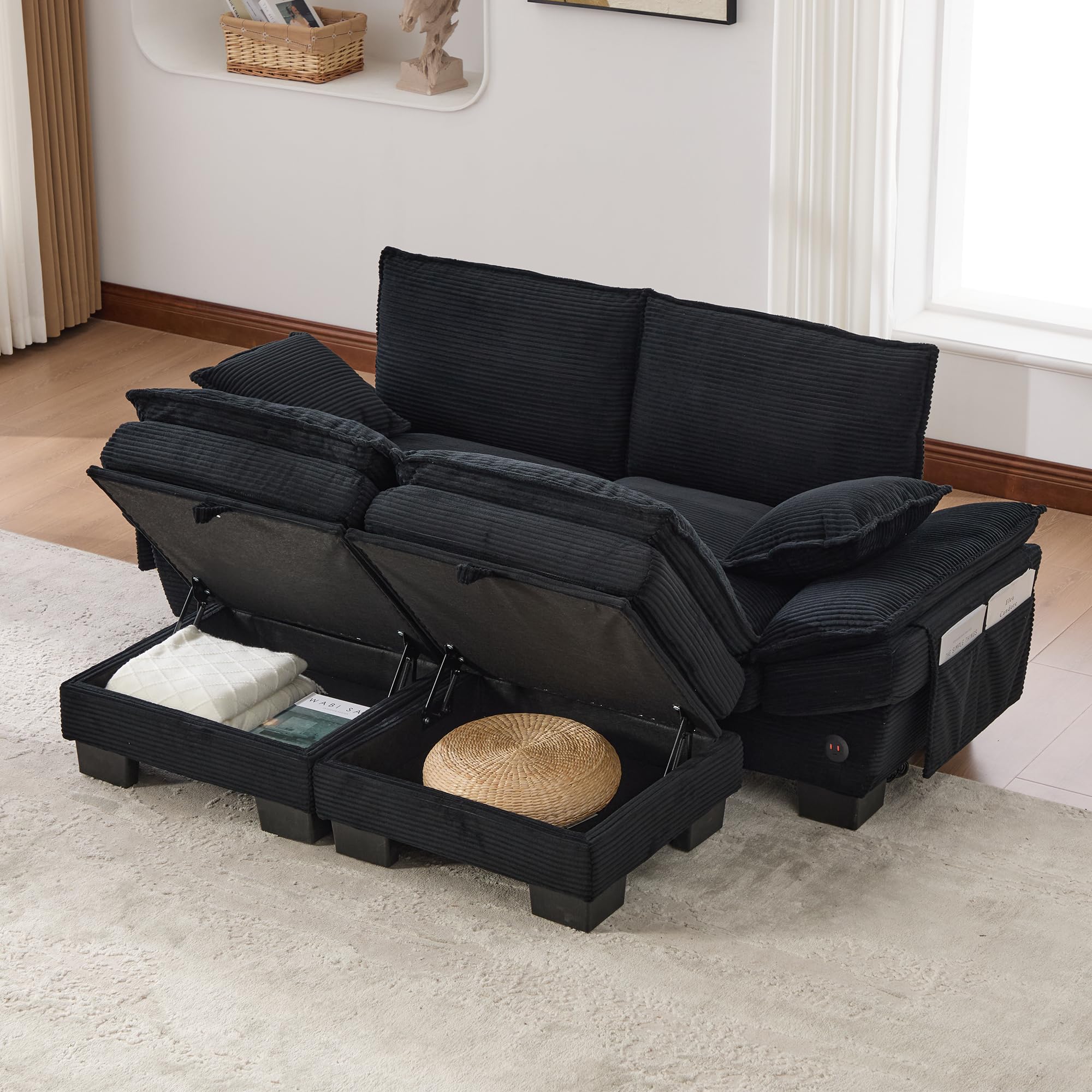 Modułowa sofa 2-osobowa z 2 taboretami, ergonomiczna szerokość siedziska z przyłączem C, sofa do salonu z bocznymi kieszeniami, do salonu, kolor czarny