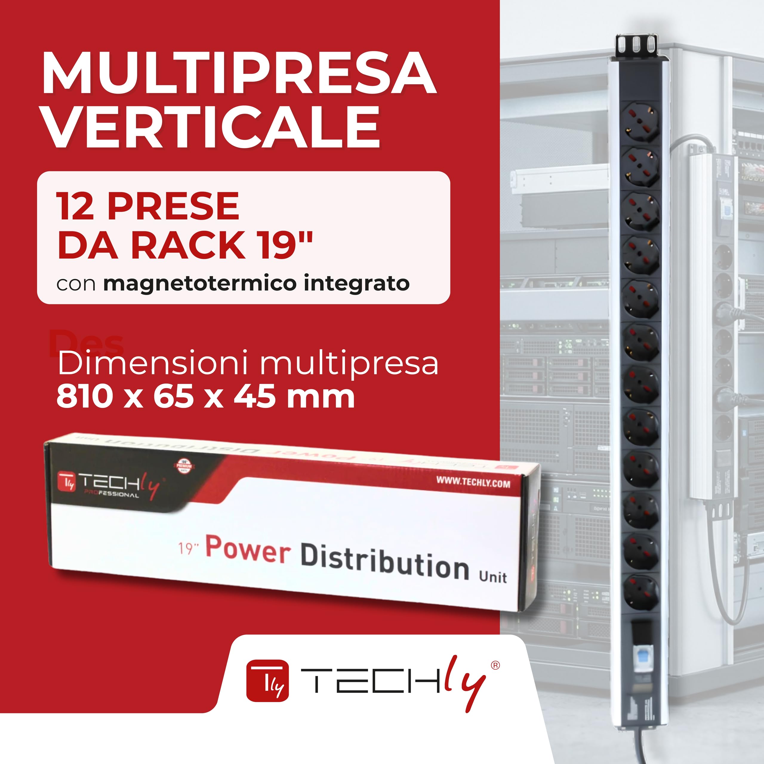Techly Professional 23165 - Regleta Vertical para Armario de 12 plazas con imán
