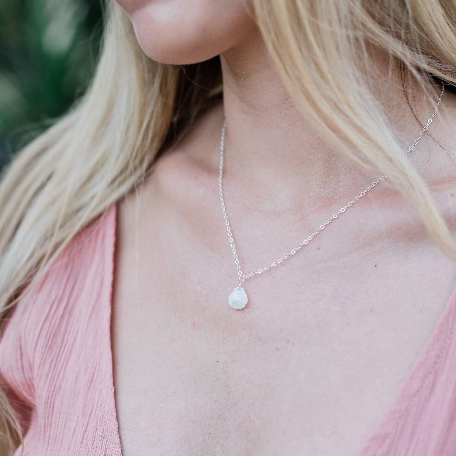 Rainbow Moonstone Teardrop Necklace in Sterling Silver