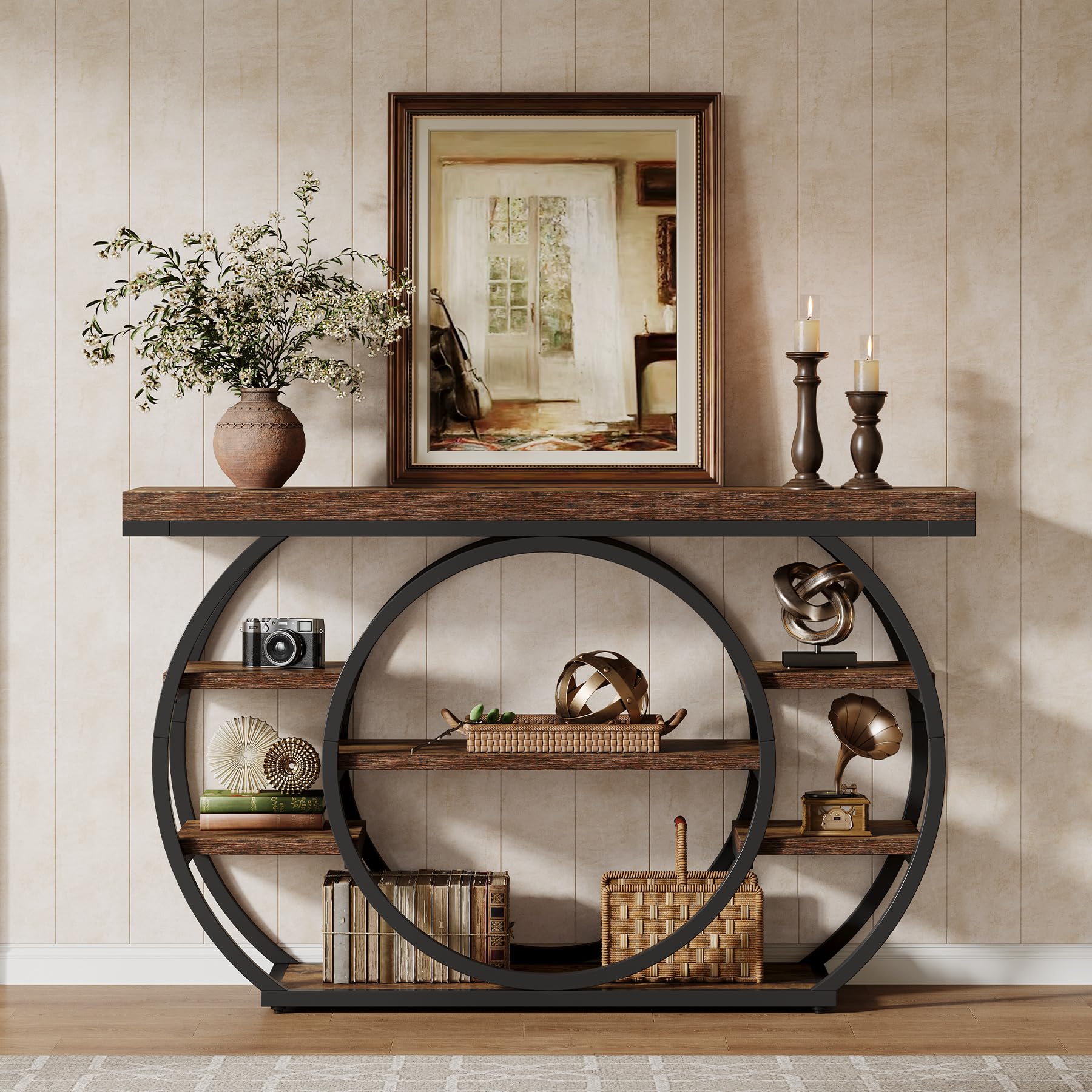 Tribesigns Tavolo consolle con base circolare, tavolo d'ingresso stretto, 120 x 30 x 80 cm, scaffale portaoggetti a 4 piani, casale industriale, corridoio, divano, rustico