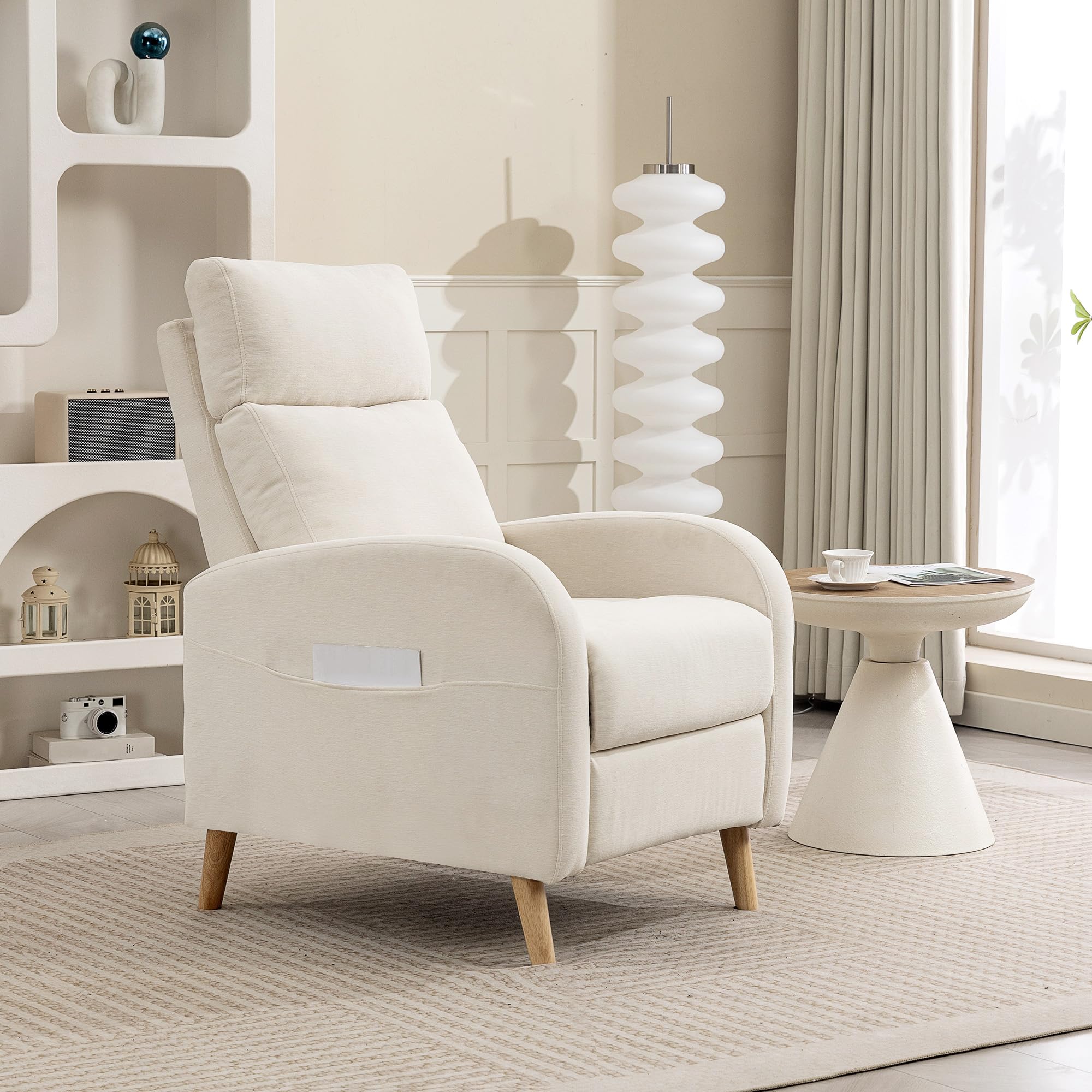 HOMCOM Sillón Relax Reclinable Manual Sillón Relax Tapizado en Lino Sintético con Reposapiés y Bolsillo Lateral Carga 135 kg Sillón Reclinable para Dormitorio Oficina Crema