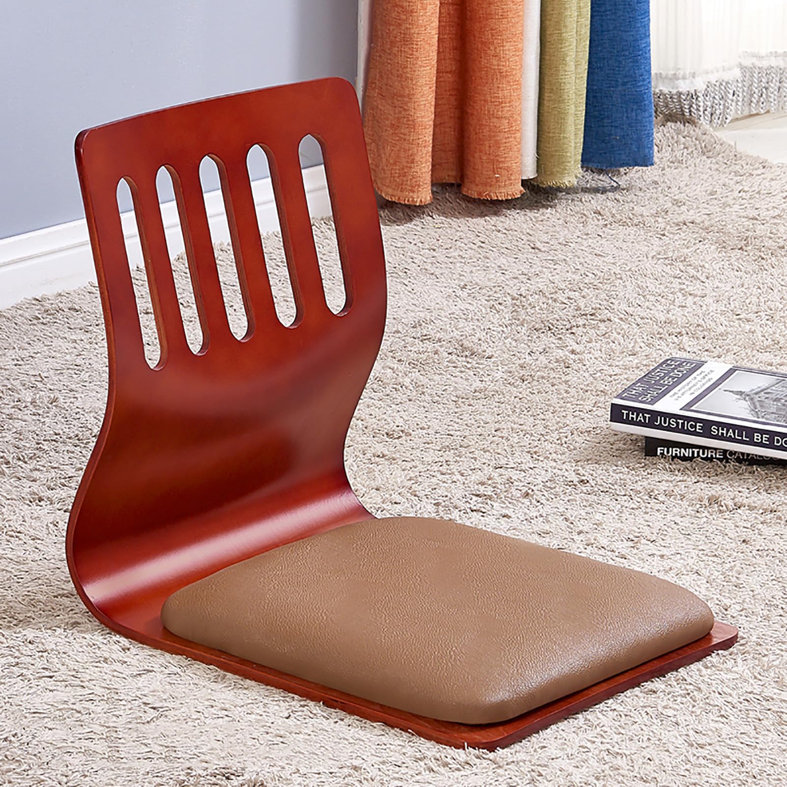 Silla Japonesa para Sala de Estar,Silla Tatami Sin Patas, Silla de Suelo de Meditación de Madera,Silla con Ventana Salediza, Sofá Perezoso con Respaldo(46X37X43cm(18x15x17inch), T)