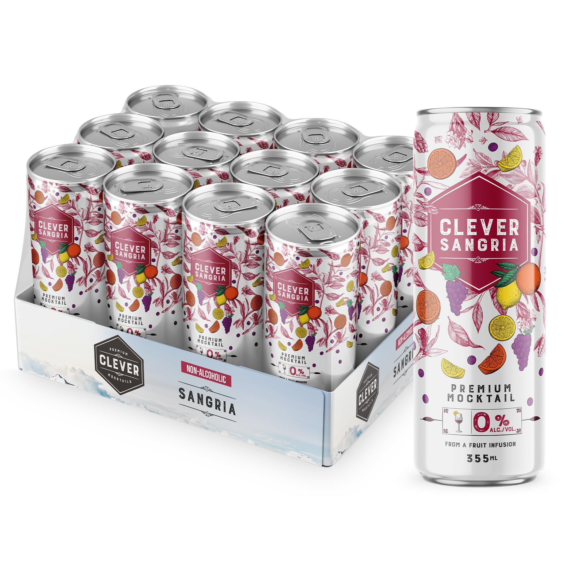 CLEVER - Sangria, Nonalcoholic Mocktails for Any Occasion, Refreshing Beverages with Citrus & Botanical Extracts, Low-Calorie Mocktails Non-alcoholic Drinks with 70 Calories, Pack of 12 (12 oz Ea)