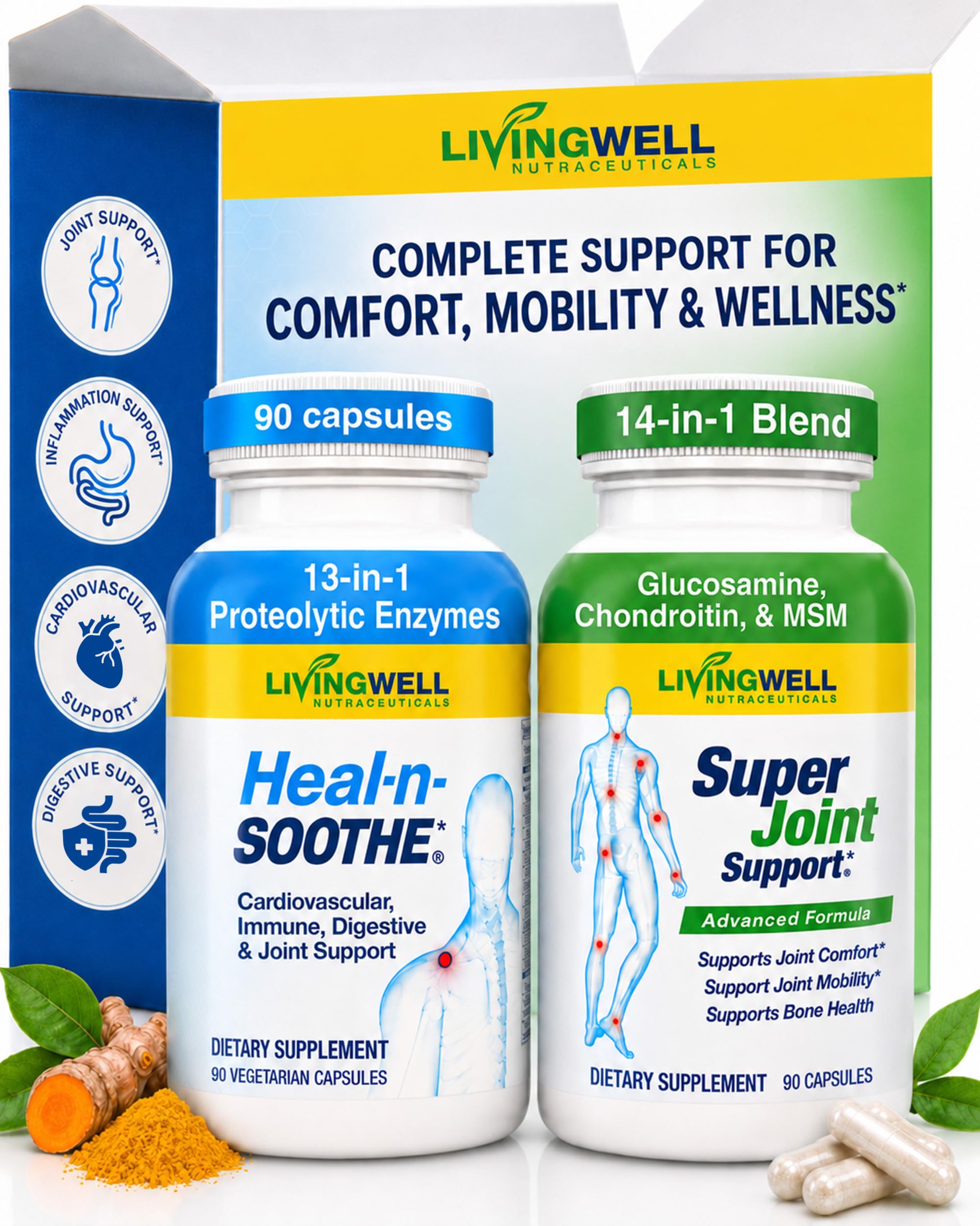 HEAL-N-SOOTHE & Super Joint Support Supplements Bundle- Proteolytic Enzymes (Bromelain & Papain), Glucosamine, MSM, & Turmeric for Strong Joints, Flexibility & Body Wellness – 180 Capsules (2 Pack)