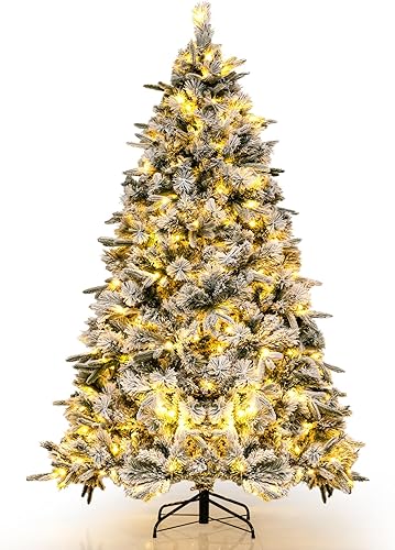 HAPPYGRILL Árbol de Navidad artificial preiluminado de 6 pies, árbol de Navidad nevado con 250 luces LED blancas cálidas, 752 puntas de ramas