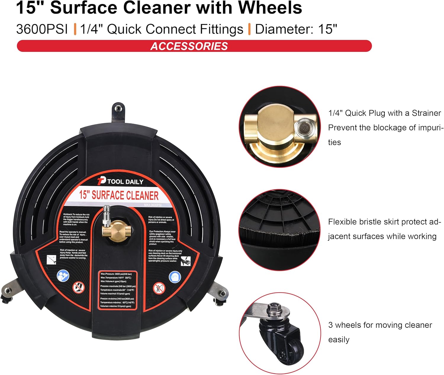 Tool Daily 15 Inch Pressure Washer Surface Cleaner with 3 Wheels, 2 Extension Wands, Surface Cleaner for Pressure Washer Attachment for Concrete, Driveway, Sidewalk, Patio, 3600 PSI