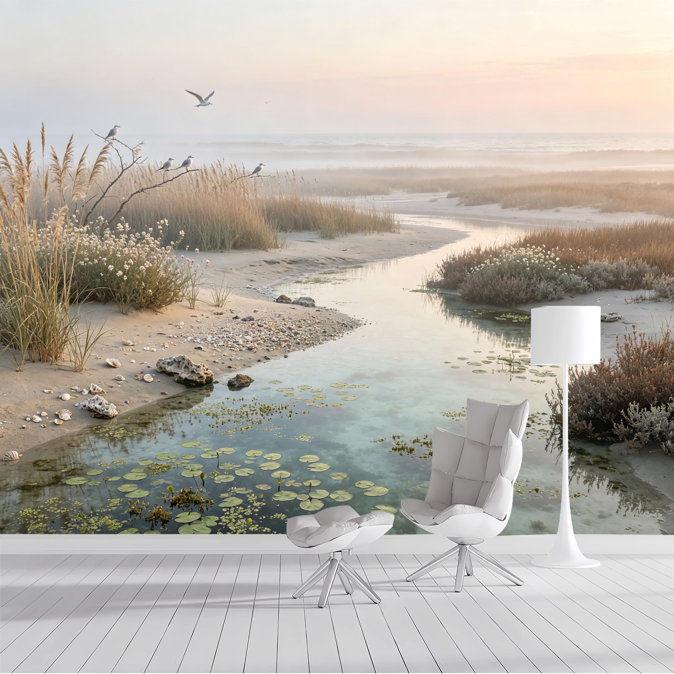 Custom Size Wall Mural Coastal Serene Lake Seagull Watercolor Landscape SelfAdhesive Wall Fabric Removable Peel and Stick Wallpaper Wall Decor for Living Room Bedroom Bathroom