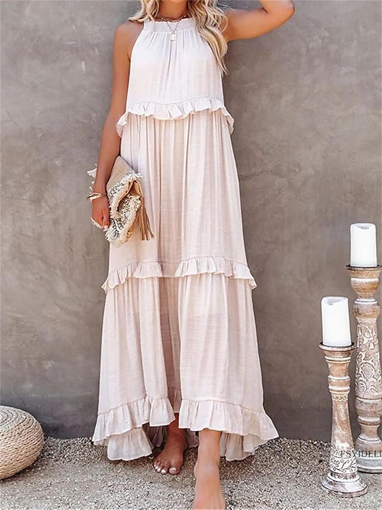 Womens Summer Halter Neck Sleeveless Maxi Dress Halter Loose