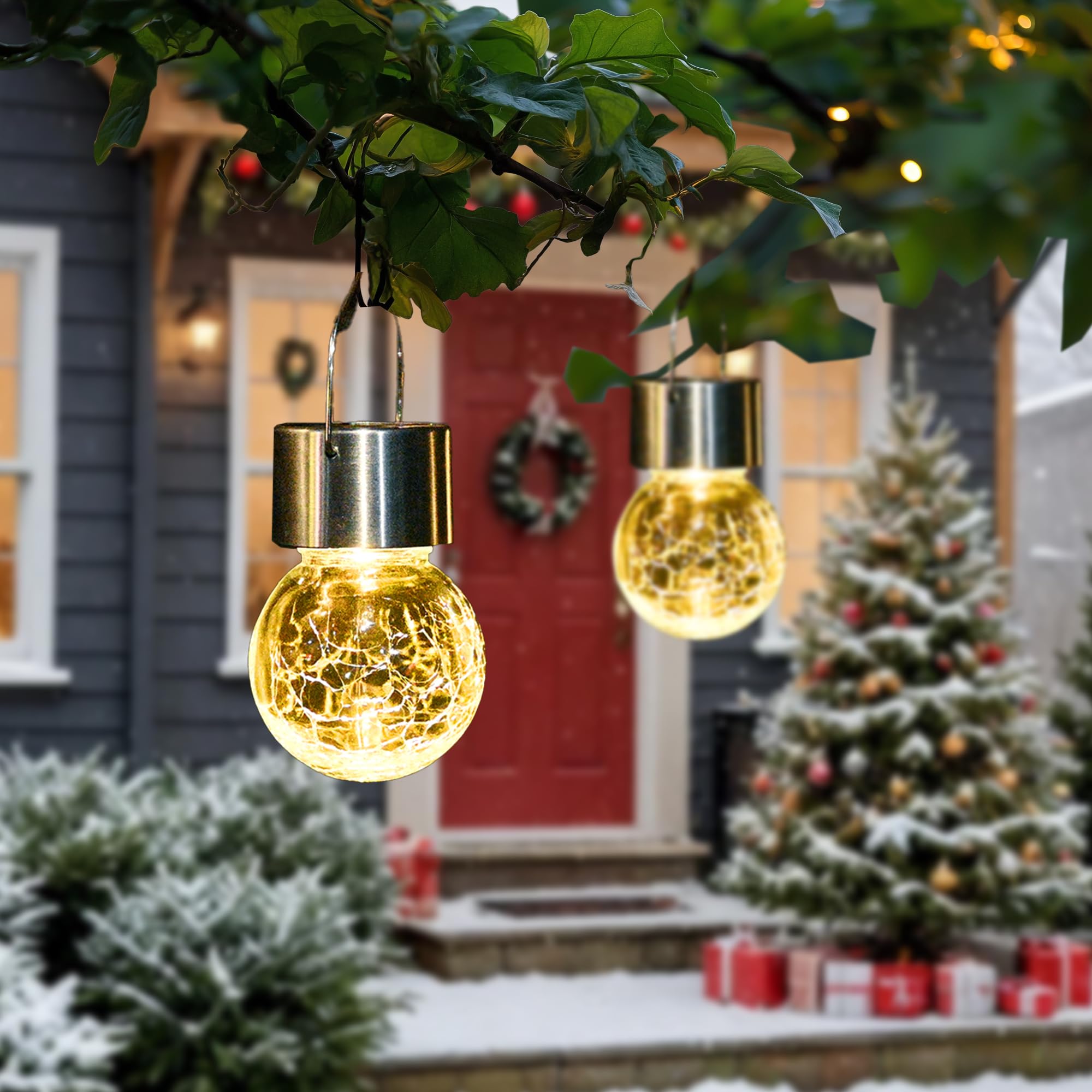 GIGALUMI Paquete de 12 luces solares para exteriores, luces solares colgantes para decoración de Navidad, luces solares de vidrio agrietado para exteriores, impermeables, para jardín, patio, valla,