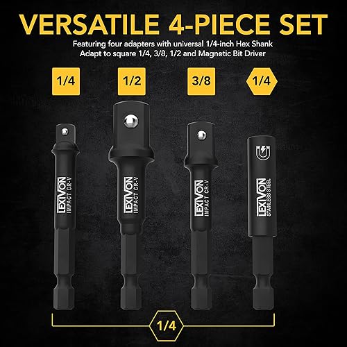 Miniatura 6 de LEXIVON - Juego de adaptador de enchufe de impacto y portabrocas magnético, 4 piezas de extensión de vástago hexagonal de 14 de pulgada a punta de