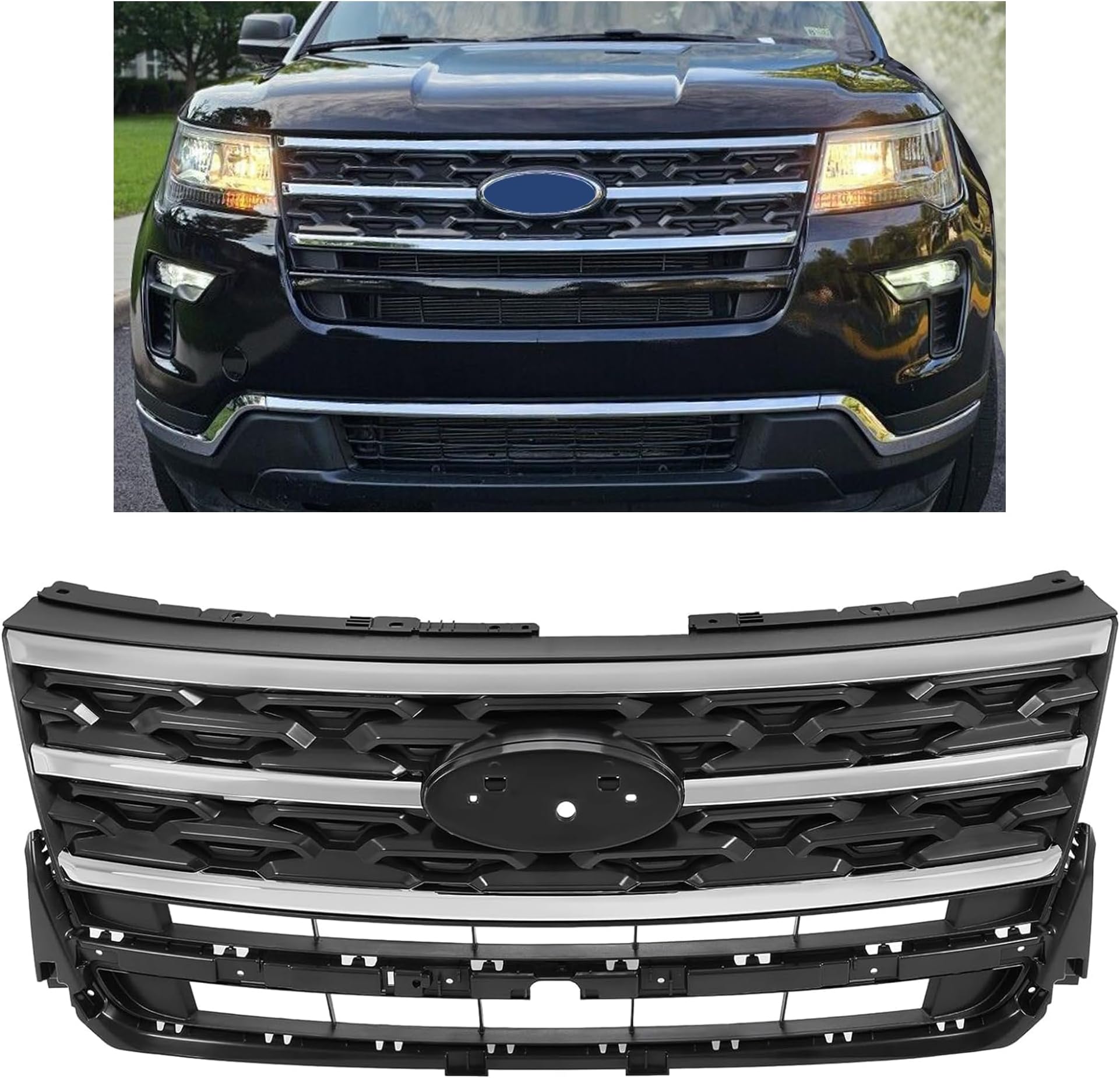 HECASA Front Grille Grill Compatible with 2018-2019 Ford Explorer Front Bumper Upper Hood Grill Chrome Black & Silvery