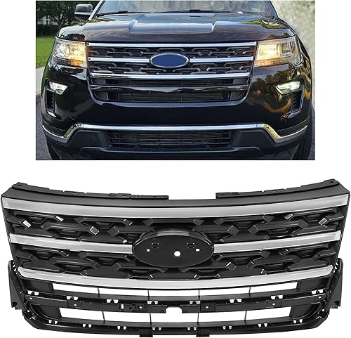 HECASA Parrilla Delantera Compatible con Ford Explorer 2018-2019 Parachoques Delantero Superior Rejilla de Capó Cromada Negro y Plateado