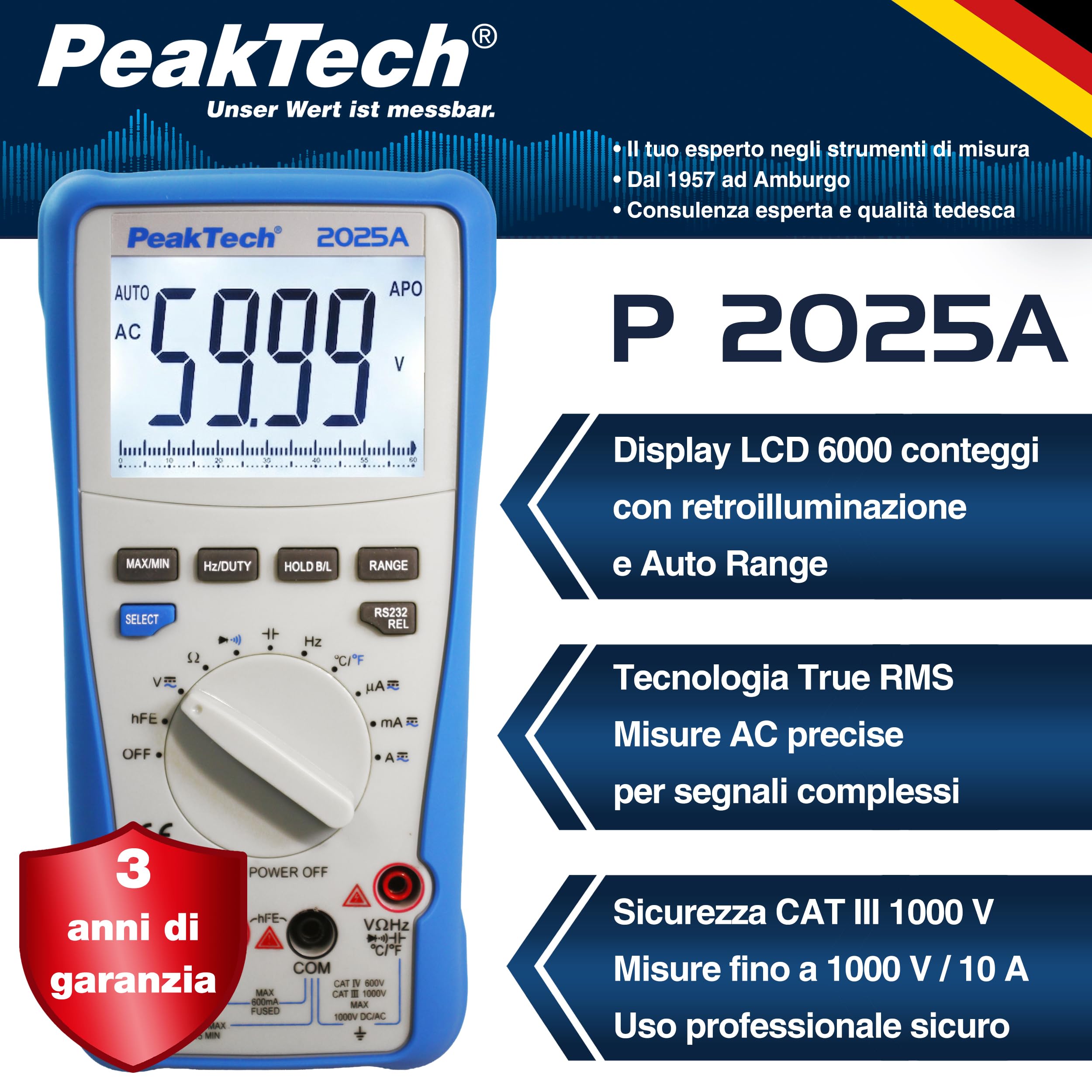 PeakTech® P 2025 A Multimetro digitale a vero valore efficace ~ 6.000 conteggi ~ 1000V AC/DC ~ 10A AC/DC ~ Auto-Range