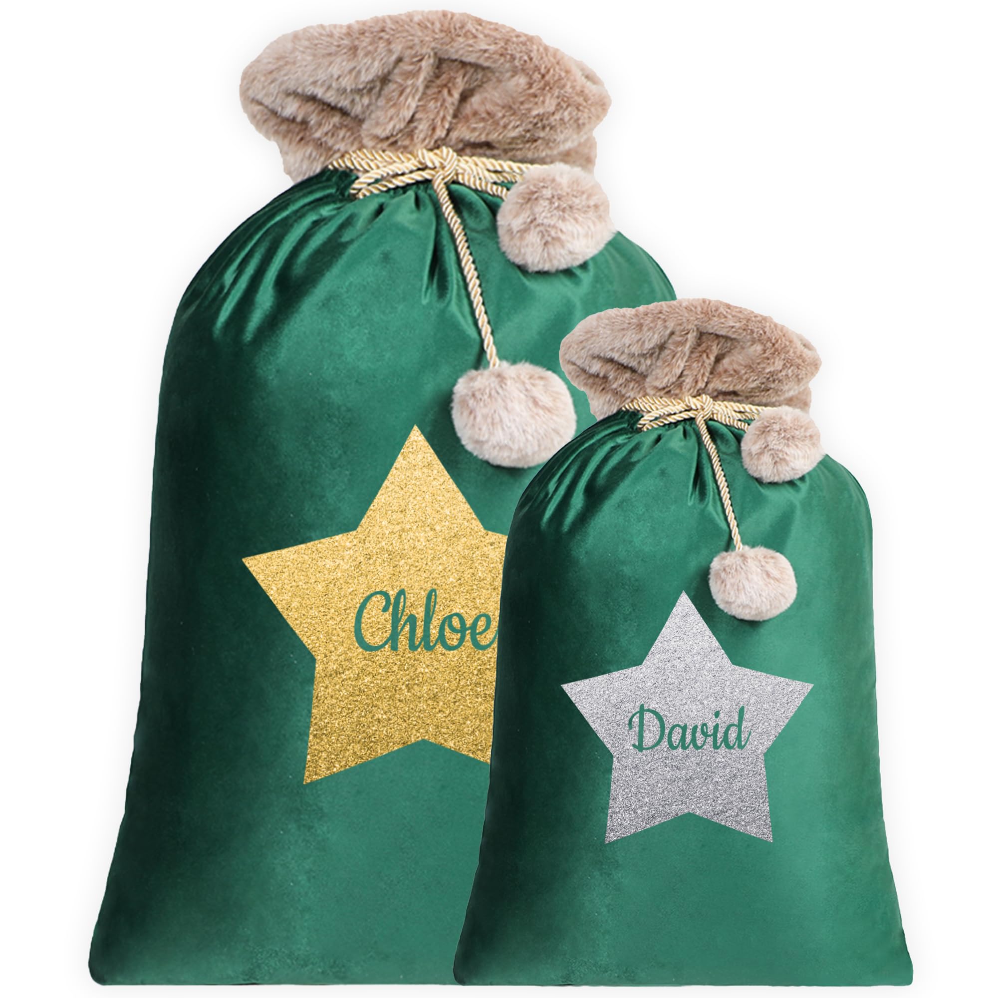 Personalised Santa Sack Velvet with Luxury Fur Top Stocking With Star Design and Name sack large Red Pink Grey Ivory Gift Bag For Xmas Decor Tree Decoration