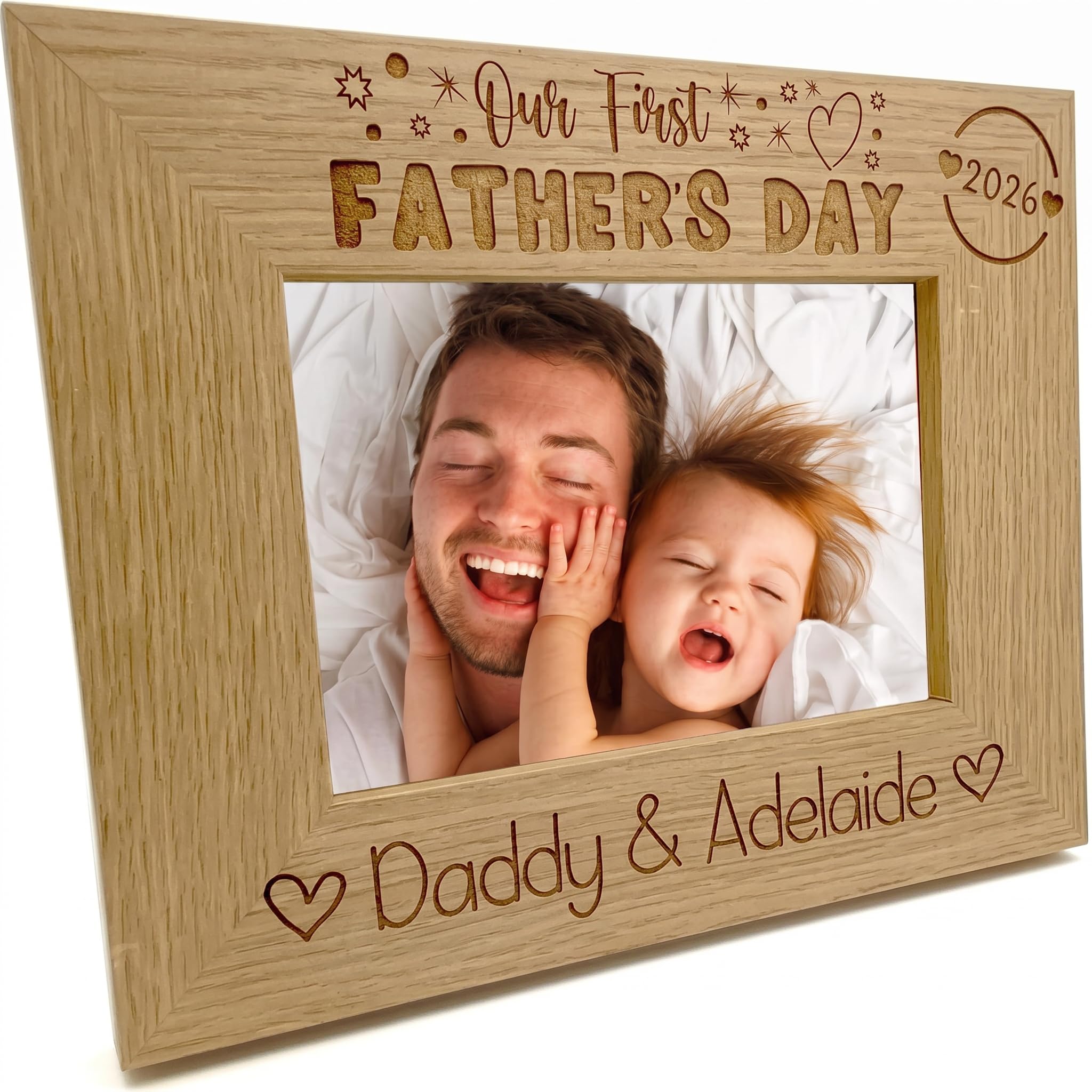 Personalised Our first Fathers Day Photo Frame Oak wood finish Landscape (5 x 7 Inch)