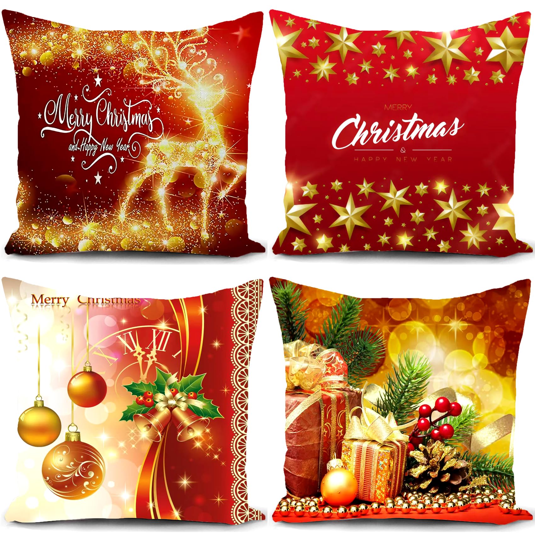HUASHUZI Christmas Cushion Covers Xmas Decorations Throw Pillow Cover Red Set of 4 Christmas Decor For Sofa Living Room Home 18x18 Inch 45x45cm