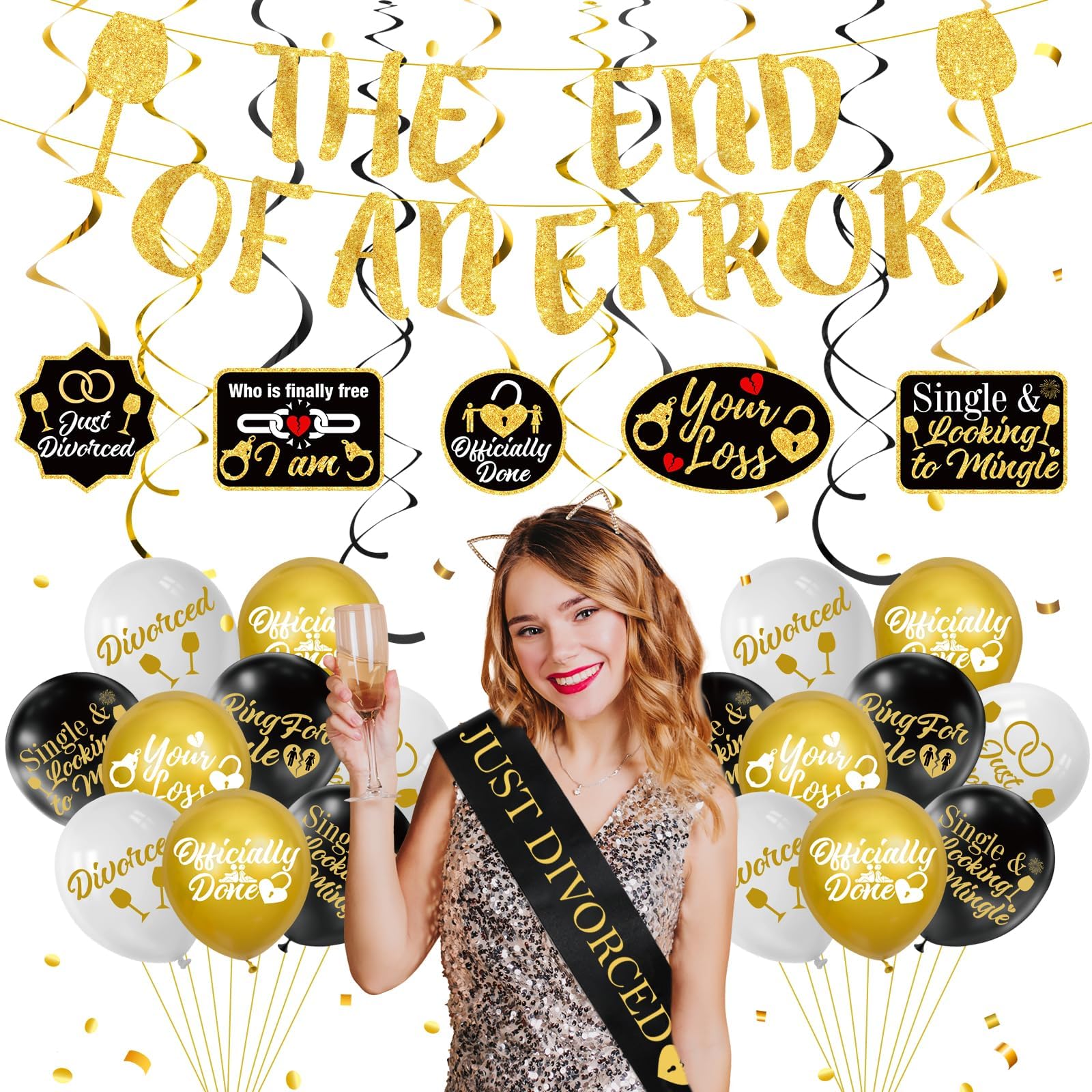 Yoirrat Divorce Party Decorations for Men Women Black Gold Divorced Banner Balloons Swirls Just Divorced Sash The End of An Error Divorce Banner Funny Divorce Gifts Breakup Party Decorations Supplies