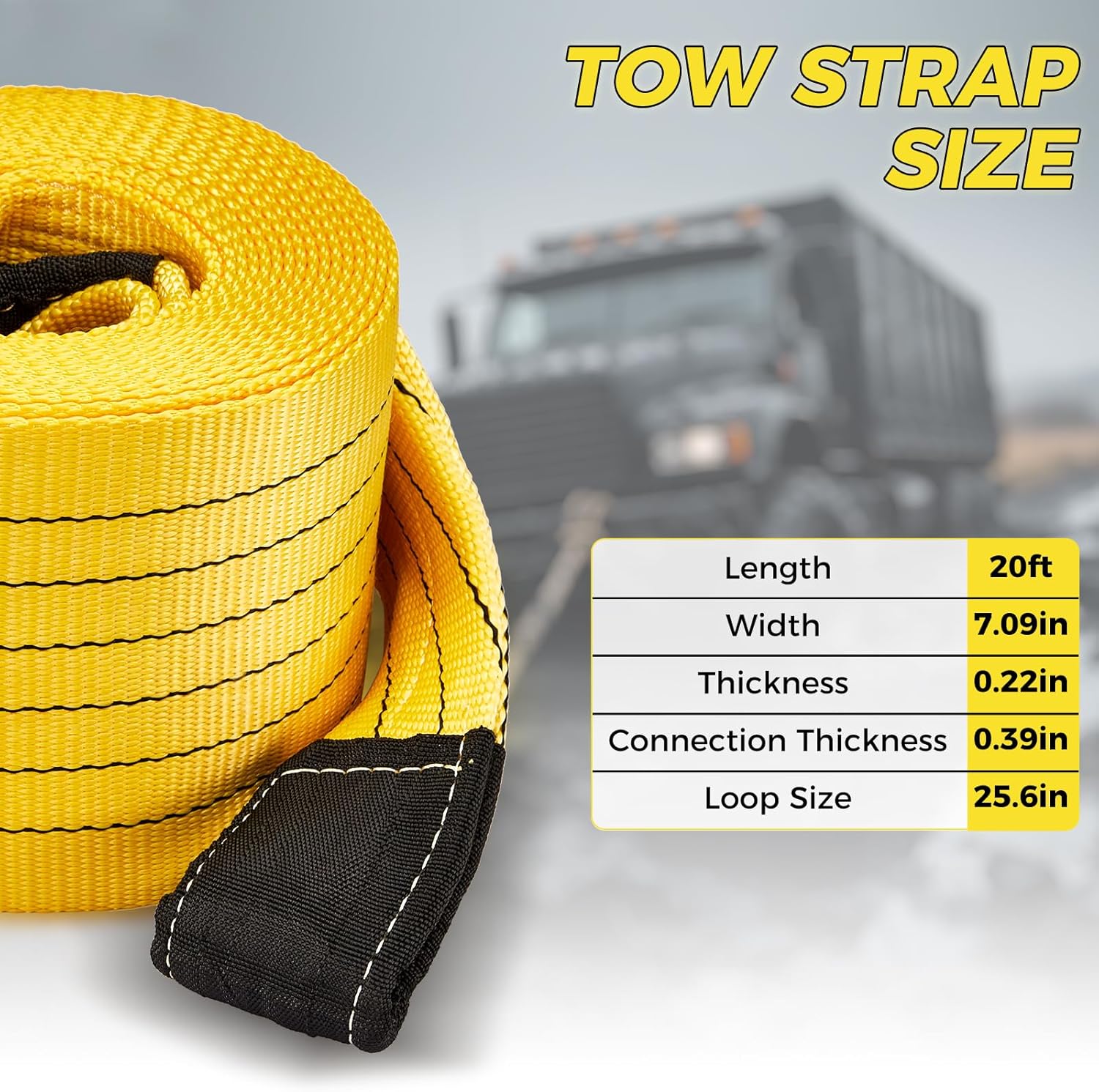 Heavy Duty Recovery Tow Strap 20ft x 7.1 Inch - 90,000lbs Break Strength (50 US Tons),Tow Rope for Trucks, Jeeps, SUV, Tractor, Van, Bus, RV & Off-Road Vehicle Recovery