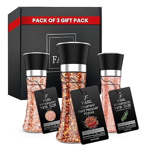 FASL Grinder Seasoning Gift Pack de 3 – Sal rosa del Himalaya, hojuelas de pimiento rojo triturado y sal rosa del Himalaya (mezcla de romero) –
