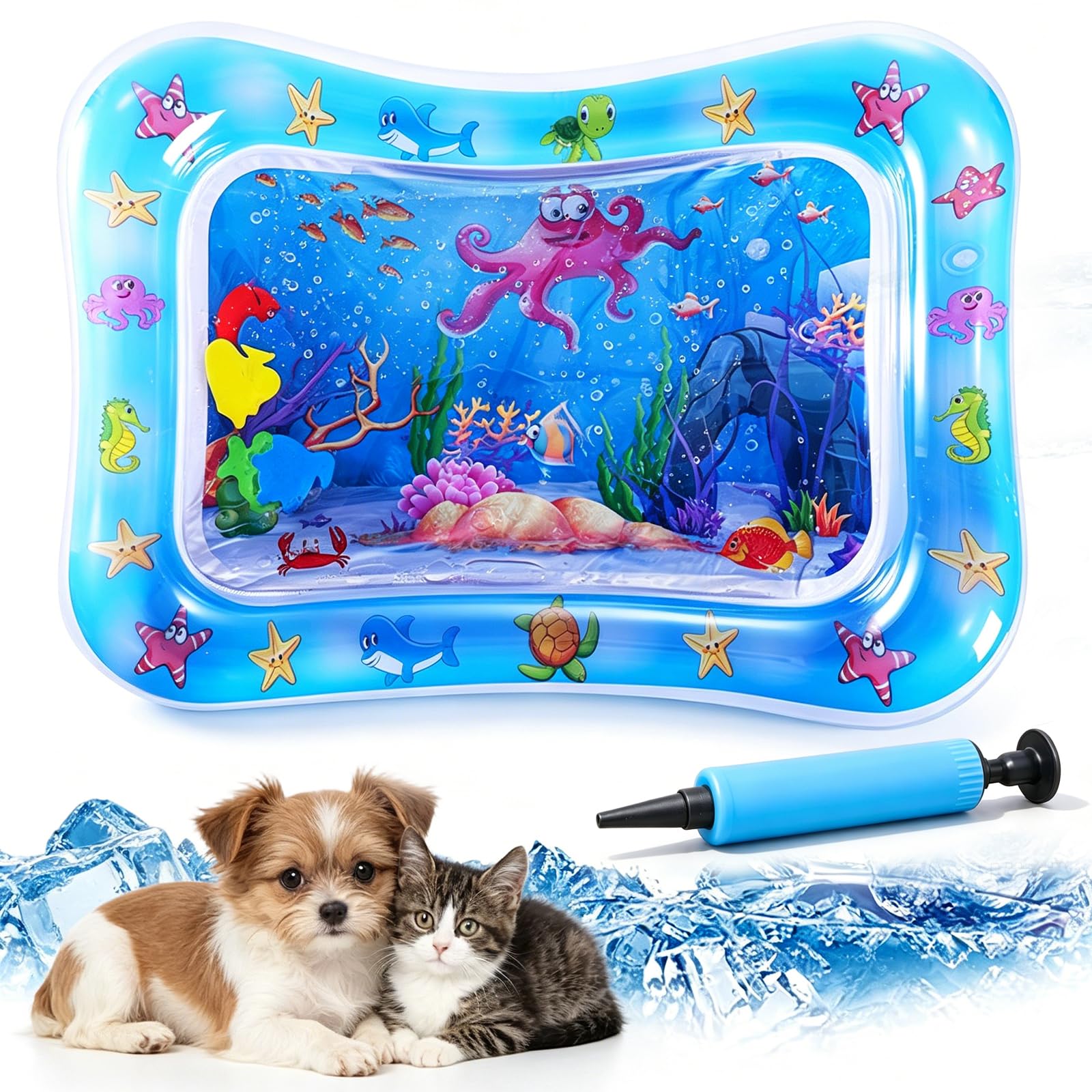 Pet Water Sensory Mat, 37.4" Large Cat Water Mat with Floating Fish, Interactive Cooling Mat for Cats & Dogs, Thickened Leak-Resistant Water Play Mat, Indoor Outdoor Pet Enrichment Toy (Square-3)