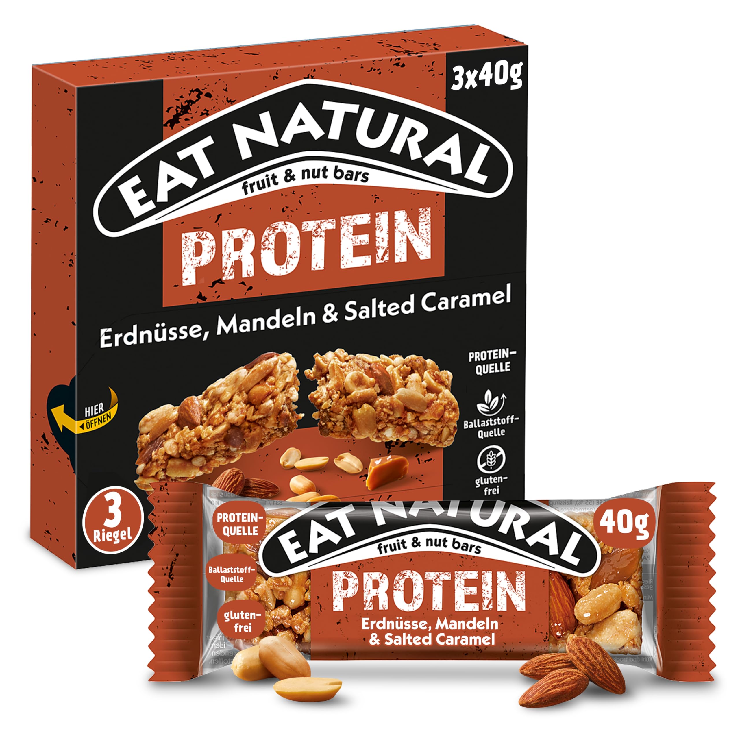 Eat Natural Riegel - Protein Erdnüsse, Mandeln und Salted Caramel, 3 x 40 g