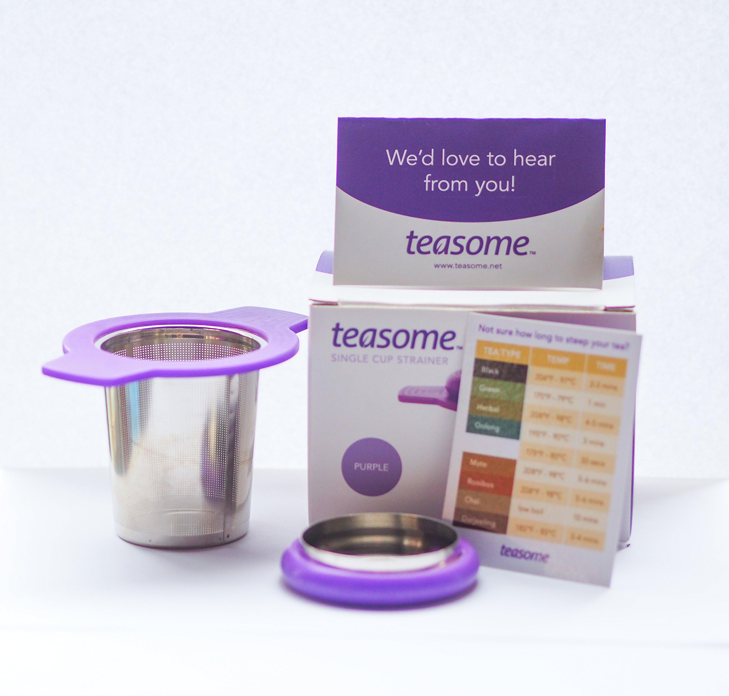 Teasome Mesh Stainless Steel Single Cup Tea Strainer with Silicone Coated Handle and Lid, Purple
