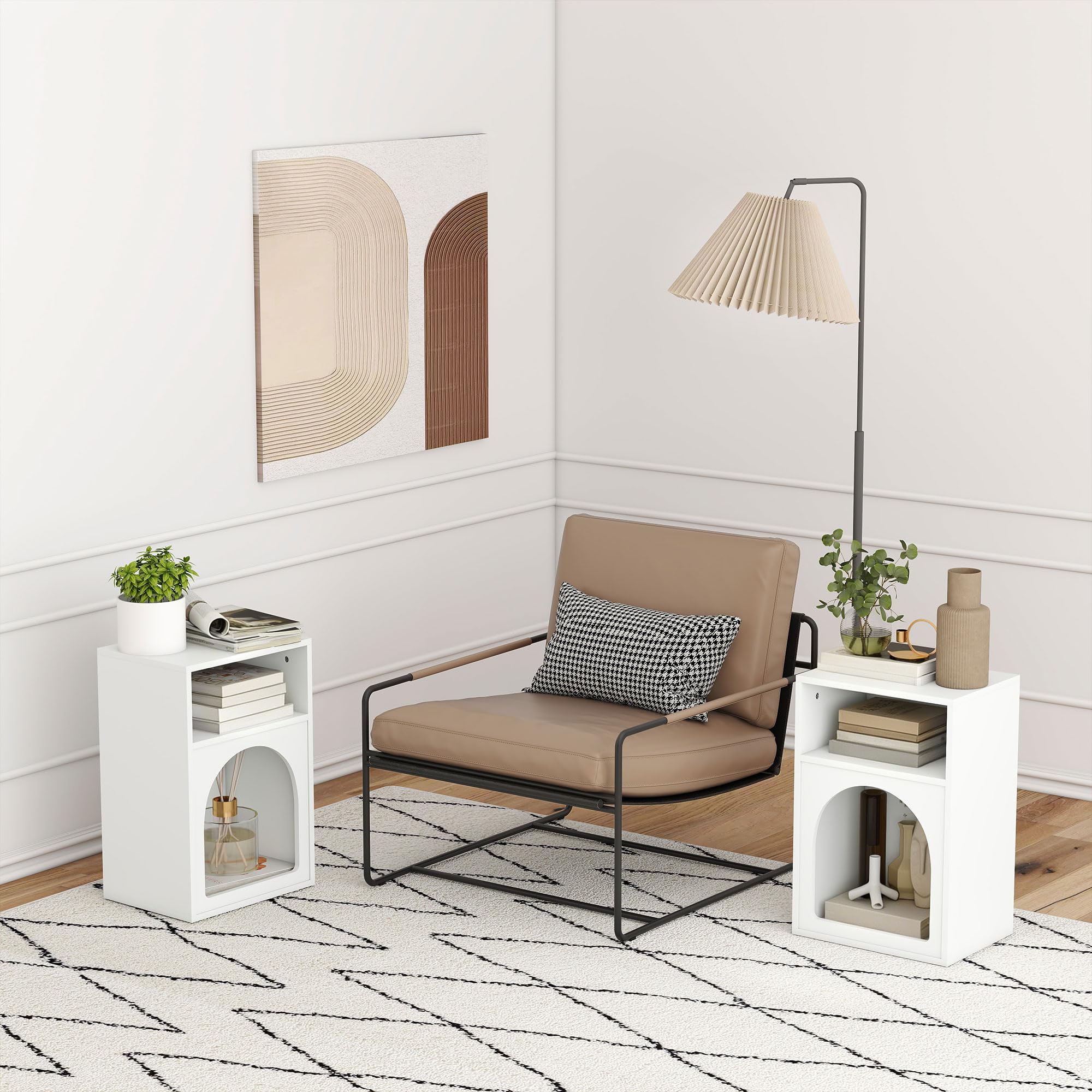 HOMCOM Lot de 2 Tables de Chevet, Table de Nuit avec Compartiments Ouverts, Design arqué, Chevet de lit pour Chambre à Coucher, Salon, 40 x 30 x 60 cm, Blanc