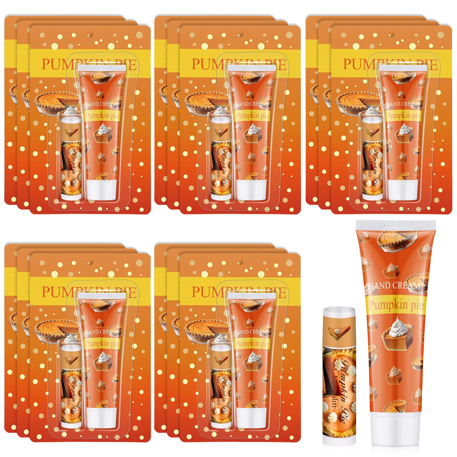 Leelosp 15 Set Fall Gifts Pumpkin Pie Flavor Hand Cream and Lip Balm Set Thanksgiving Party Favors Travel Size Hand Lotion Lip Balm Halloween Gifts for Women Friends Giving Goodie Bag Basket Stuffers