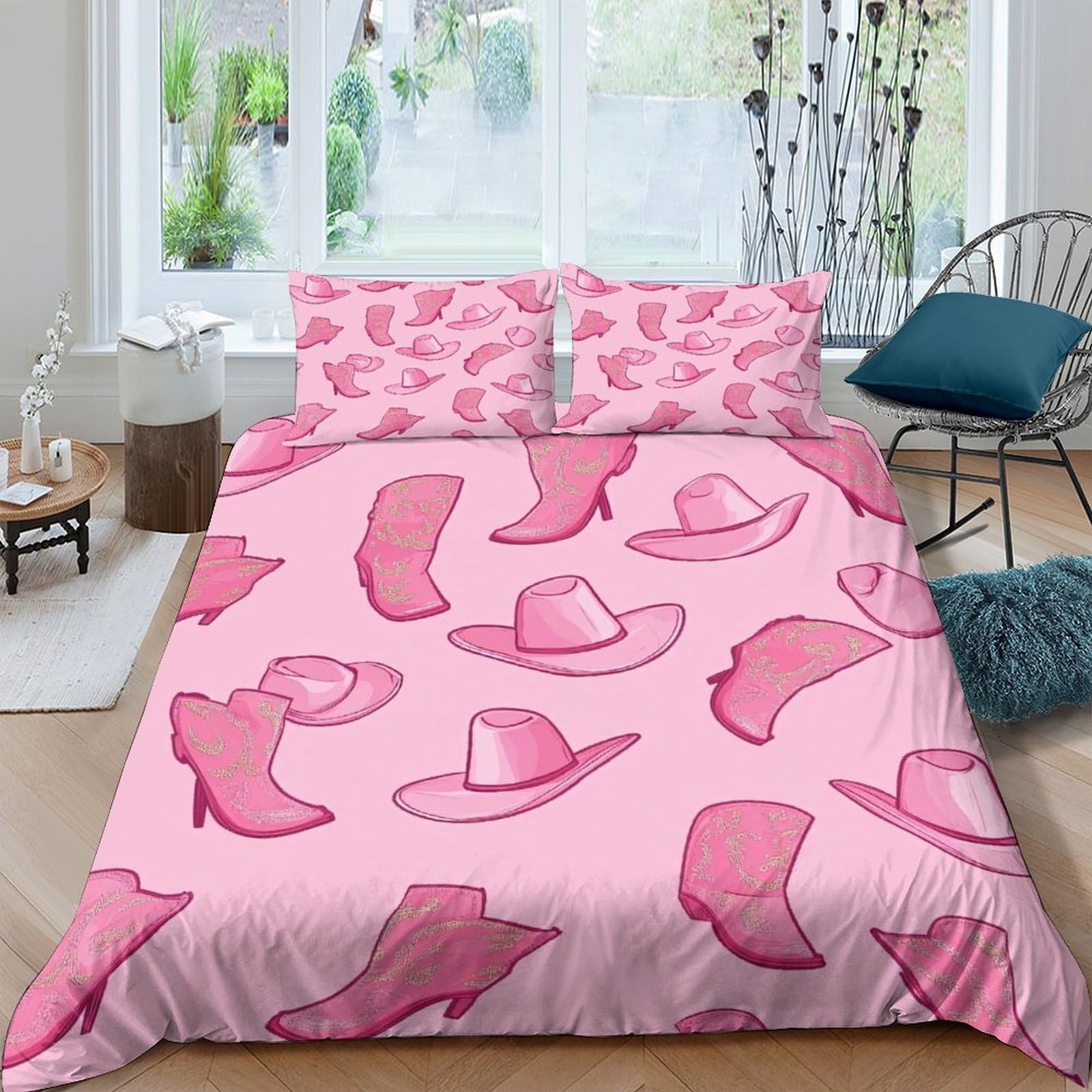 Ctjqhvkz Style-8 3D Printed Pink Cowboy Hat Fitted Sheet Microfiber Soft Breathable Western Boots Mattress Cover Bedroom Decor Single（135X200cm）