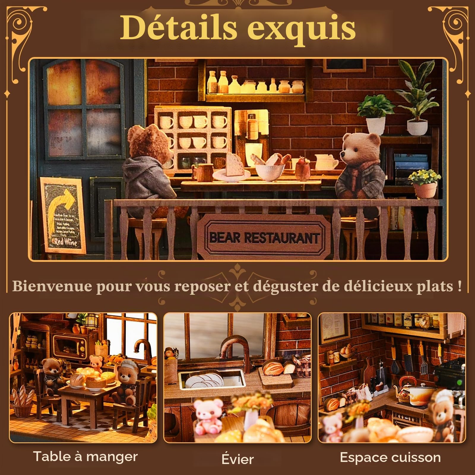 Book Nook Kit, Restaurant Bear Maison Miniature avec Lumière LED, Puzzle 3D en Bois Booknook Bibliothèque, DIY Miniature Maison Poupée, Buchstütze Décoration Créatif Cadeau pour Adultes