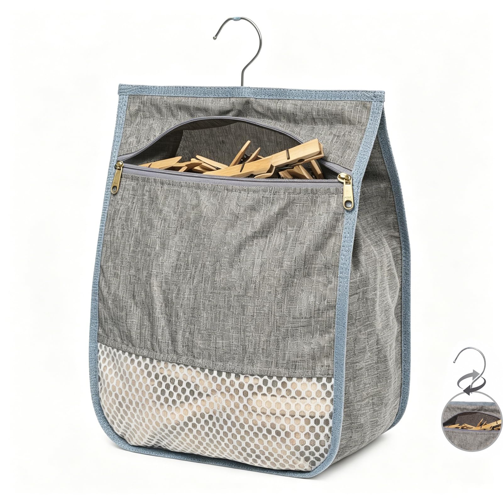 Admygo Peg Bag for Washing Line, Large 30 x 23 cm Clothes Peg Bag with Hook & 360° Rotation, Durable Peg Basket with Zipper, Washable Hanging Storage for Pegs Indoor Outdoor (Grey)