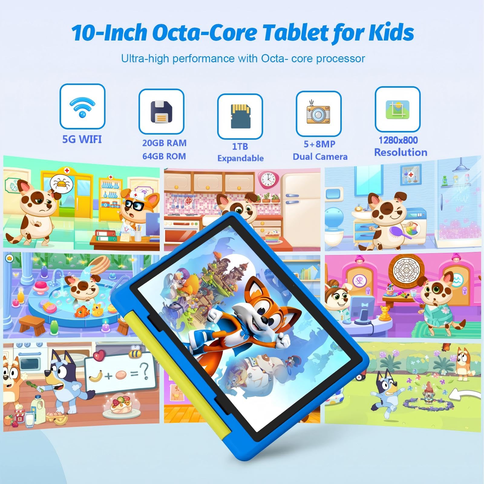 MUISOO Kids Tablet 10 inch, Android 15 Tablet for Kids Ages 3-12 Years, 20GB+64GB(1TB TF Expand), Octa-Core Processor, Parental Controls, WiFi 6, BT5.3, Preloaded Edu Apps Pad with Case (Blue) — view 3