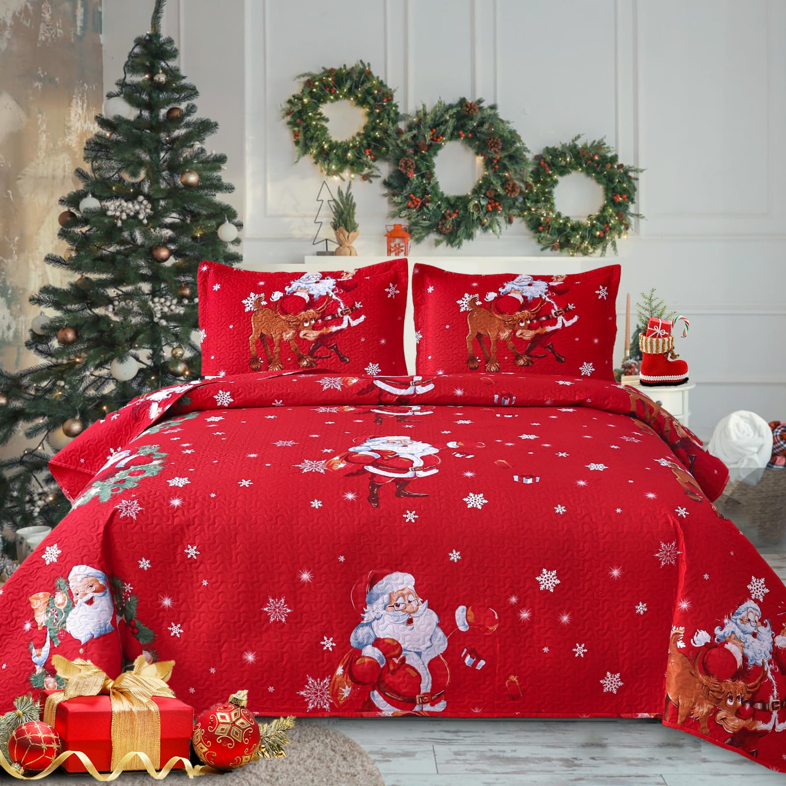 Christmas Quilts Bedding Set Queen/Full Christmas Bedspread Lightweight Coverlet Holiday Red Bedding Santa Claus Snowflake Christmas Home Decor (90