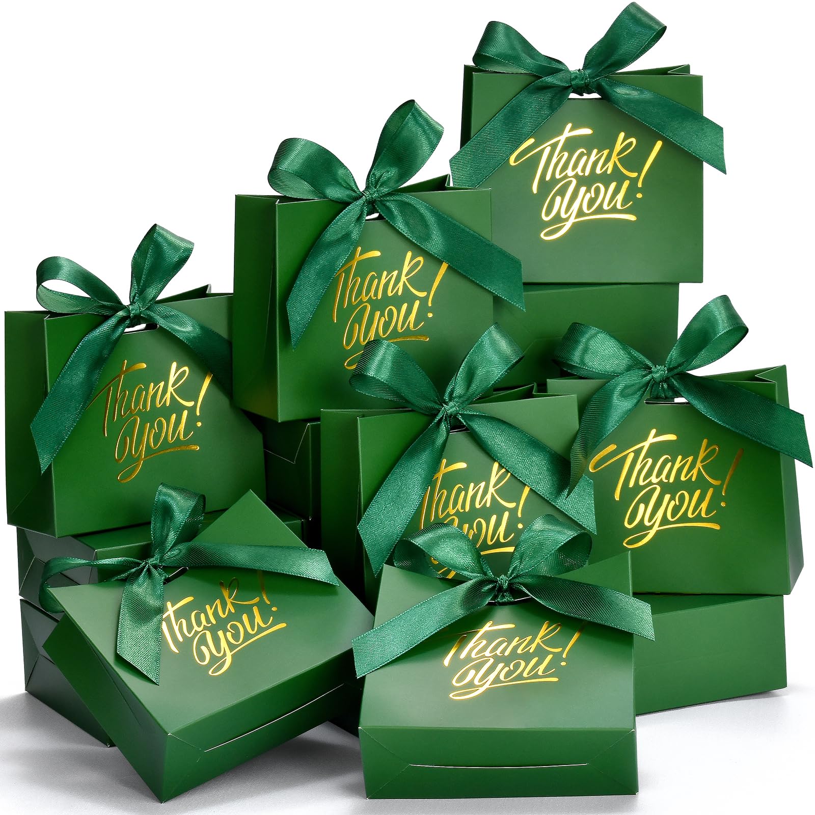 EQOREIIN Small Gift Bags, 25 Pack 4.5x1.8x3.9 Inches Mini Thank You Bags Green Kraft Paper Gift Bags with Bow Ribbon, Candy Bags for Birthday Wedding Baby Shower