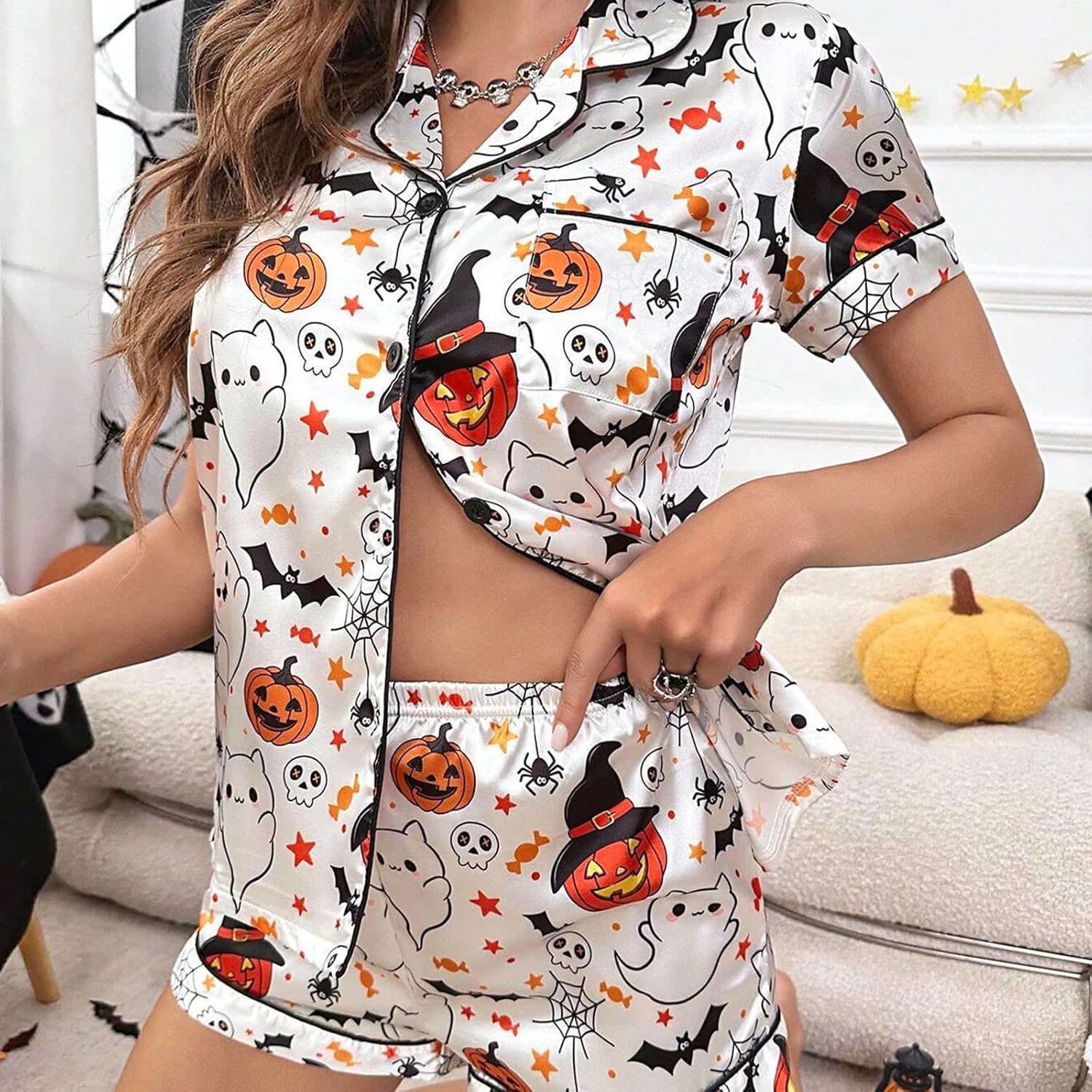 Sawden Halloween Pajamas Set for Women Ghost Pumpkin Print Lounge Wear Sets Short Sleeve Top and Shorts Sleepwear - Image 2