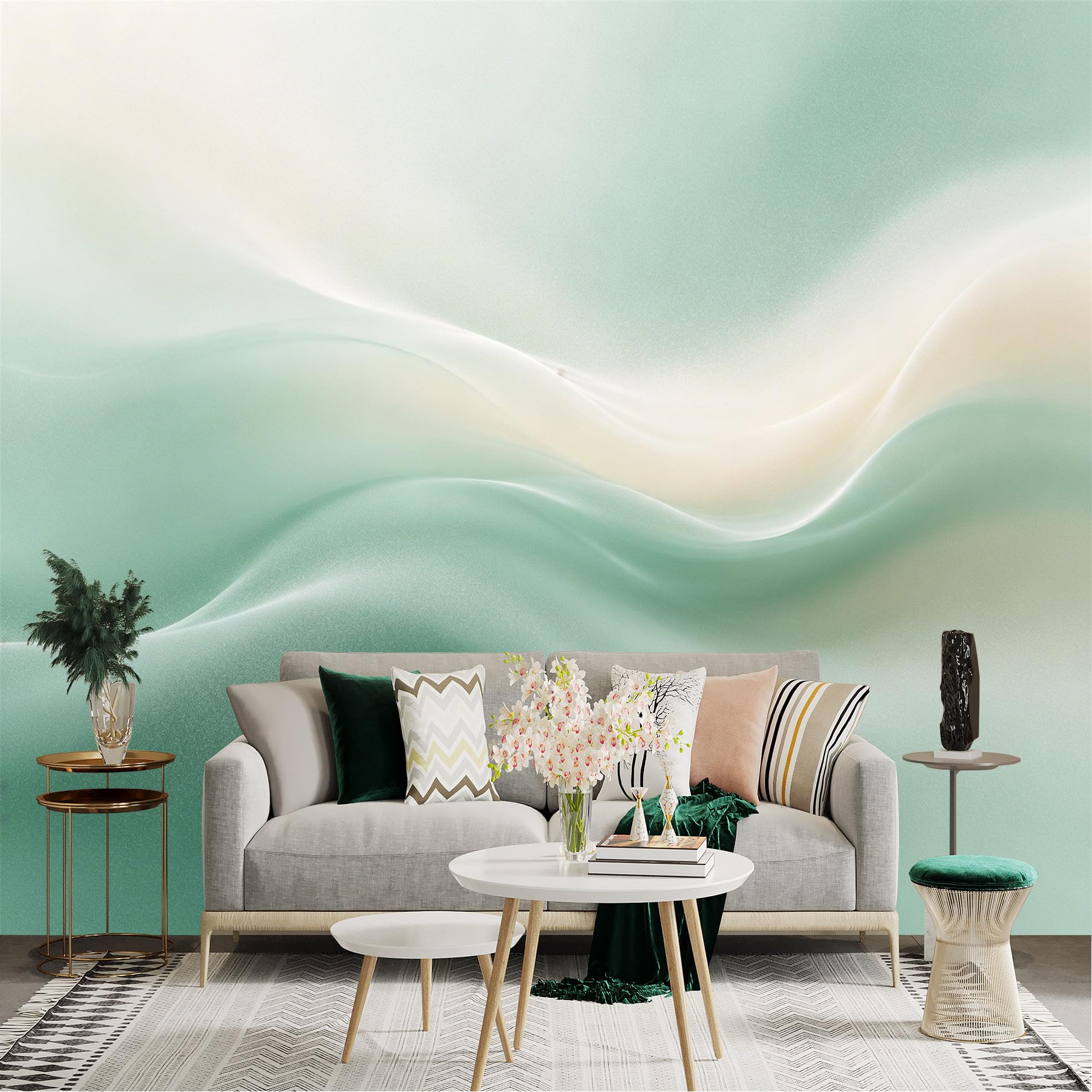Lnzczhyre Dbh260521361 Custom Size Wall Sticker Mural， Soft Mint Green Waves， Abstract Fluid Silk Texture， Modern Minimalist Flow， Light Pastel Curvature， For Wall Decoration， Peelandstick Wall Decals.
