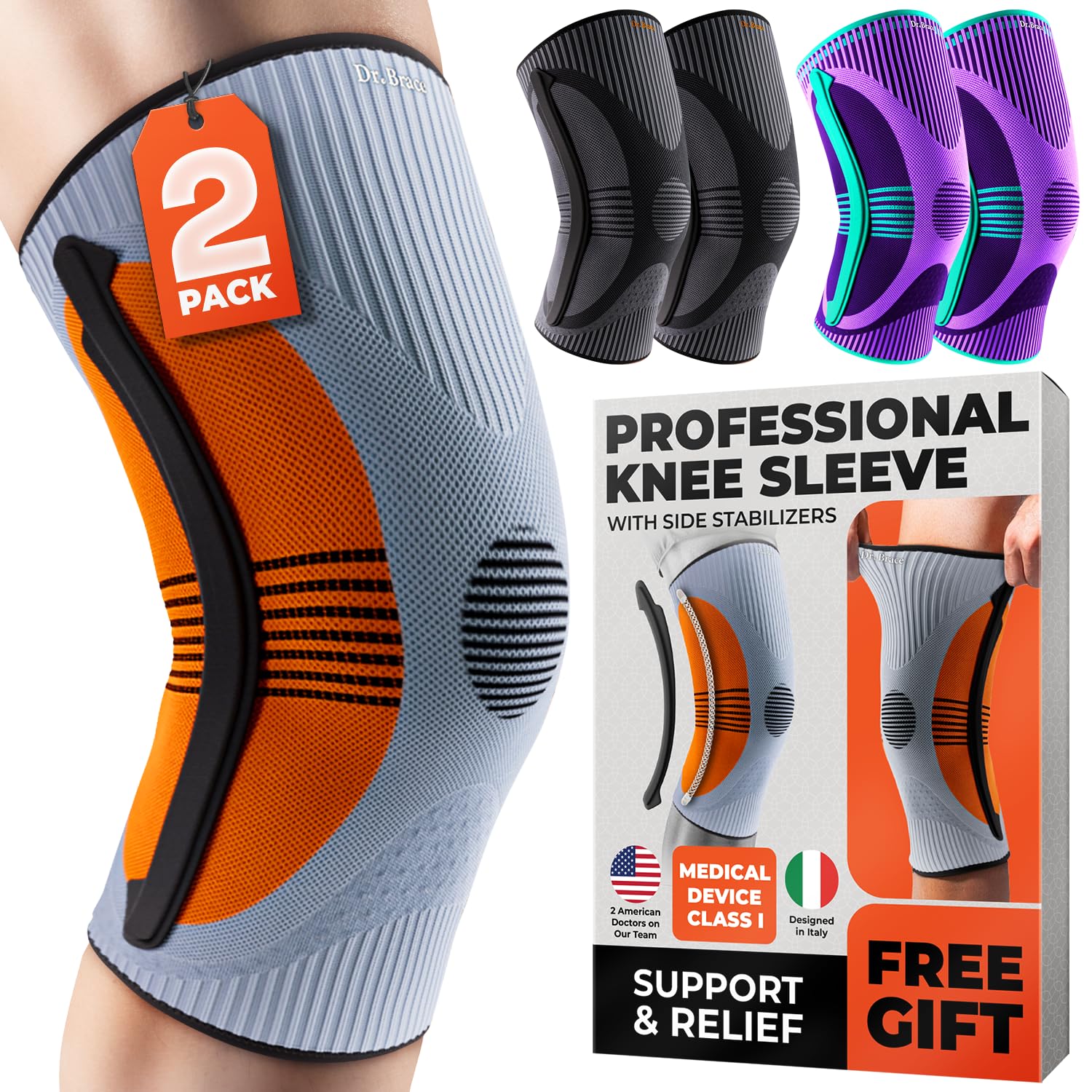DR. BRACE ELITE Knee Brace with Size Stabilizer (2 Pack) Knee Brace for Women & Men, Workout, Sports, Daily Knee Compression Sleeve for Maximum Knee