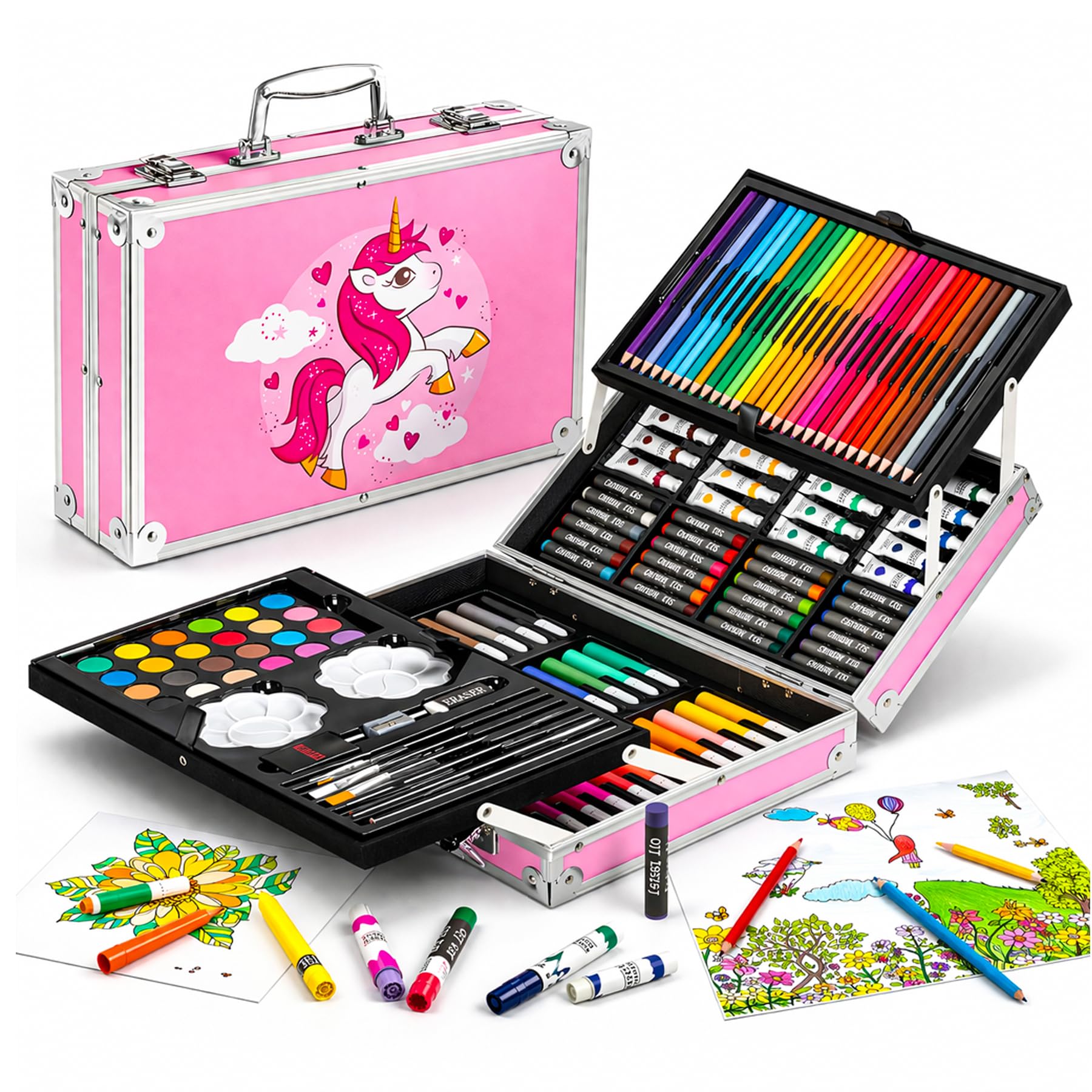 WISHKEY 145 Pieces Art Set for Kids with Unicorn Theme Storage Case, Art and Craft Supplies Kit for Drawing and Painting with Oil Pastel, Water Color, Color Pencils, Sketch Pen (Pack of 1, Pink)-image-37