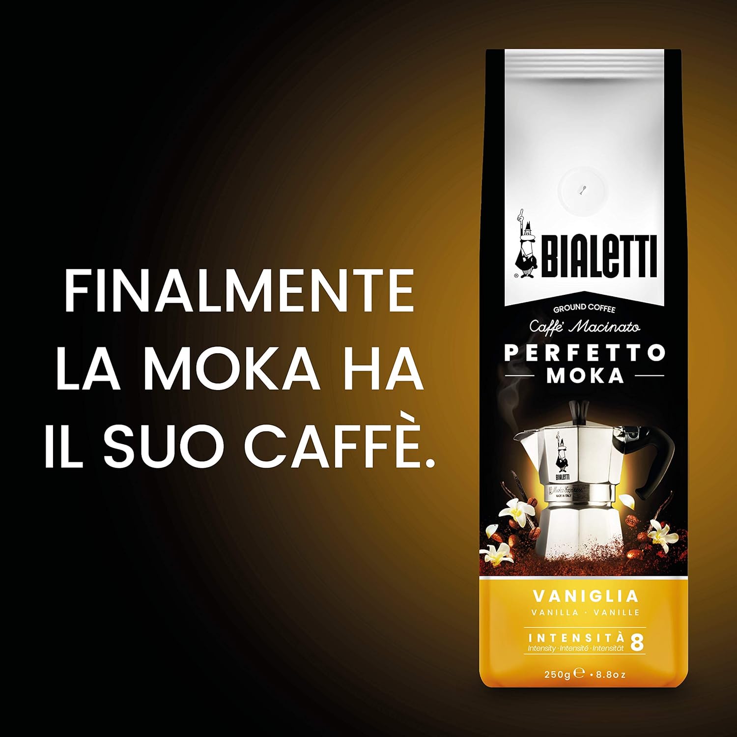 Bialetti - Perfetto Moka Vaniglia: Medium Roasting Ground Coffee, Vanilla Aroma, 8.8 Oz - 250g, Bag with Flavour-Saving Valve