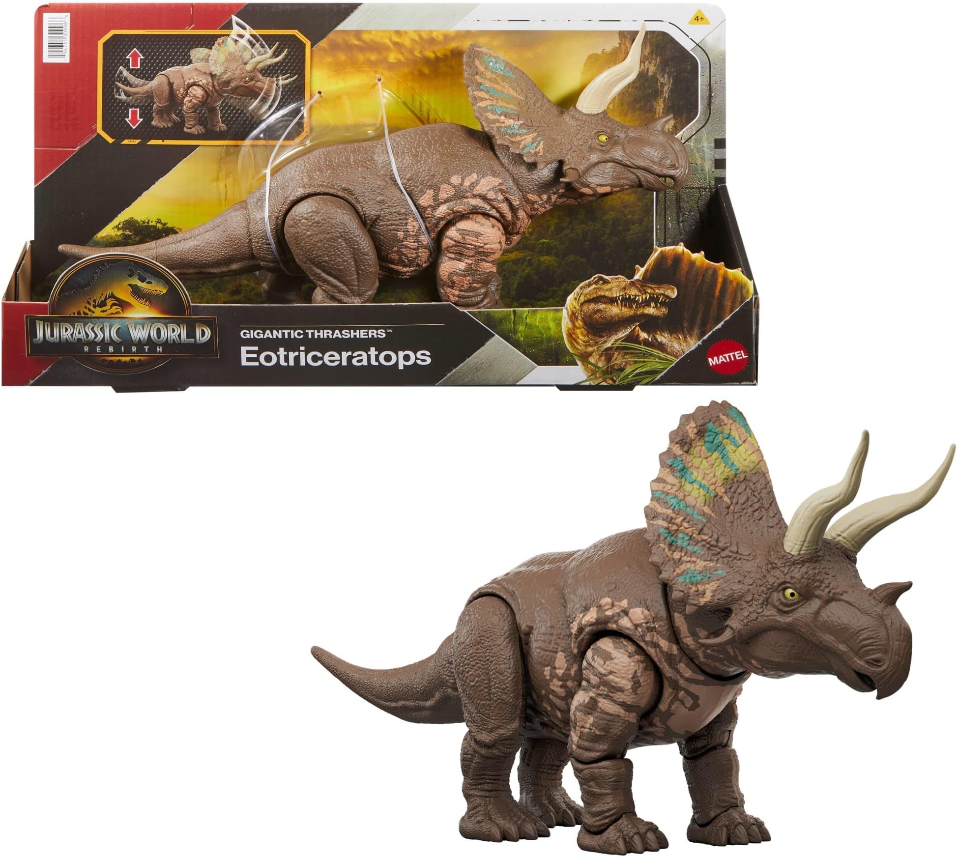 Jurassic World: Renaissance, Mega Predators Eotriceratops Giant Species Dinosaur Figure, 2 Devastating Hits Activated with its Tail, Virtual Game, JGB93