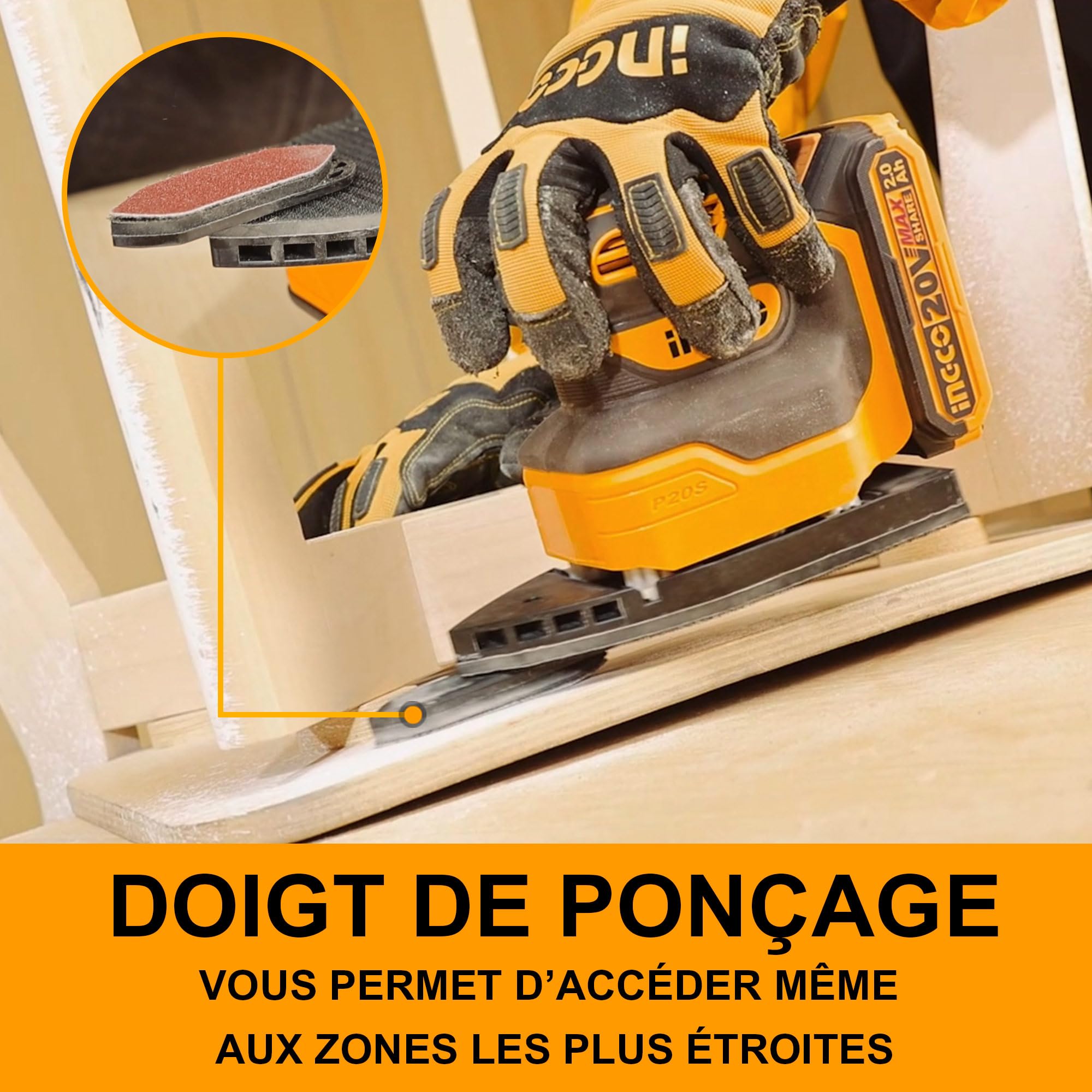 INGCO Ponceuses de Détail Mouse sans Fil (Produit Seul) 20V, Électrique Parfaite 12000 tr/min CPSLI2014