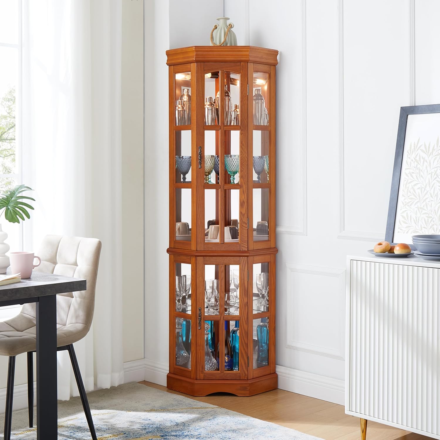 Corner Curio Cabinet with 5 Shelves and Lighting System, Oak(E26 Light Bulb not Included)