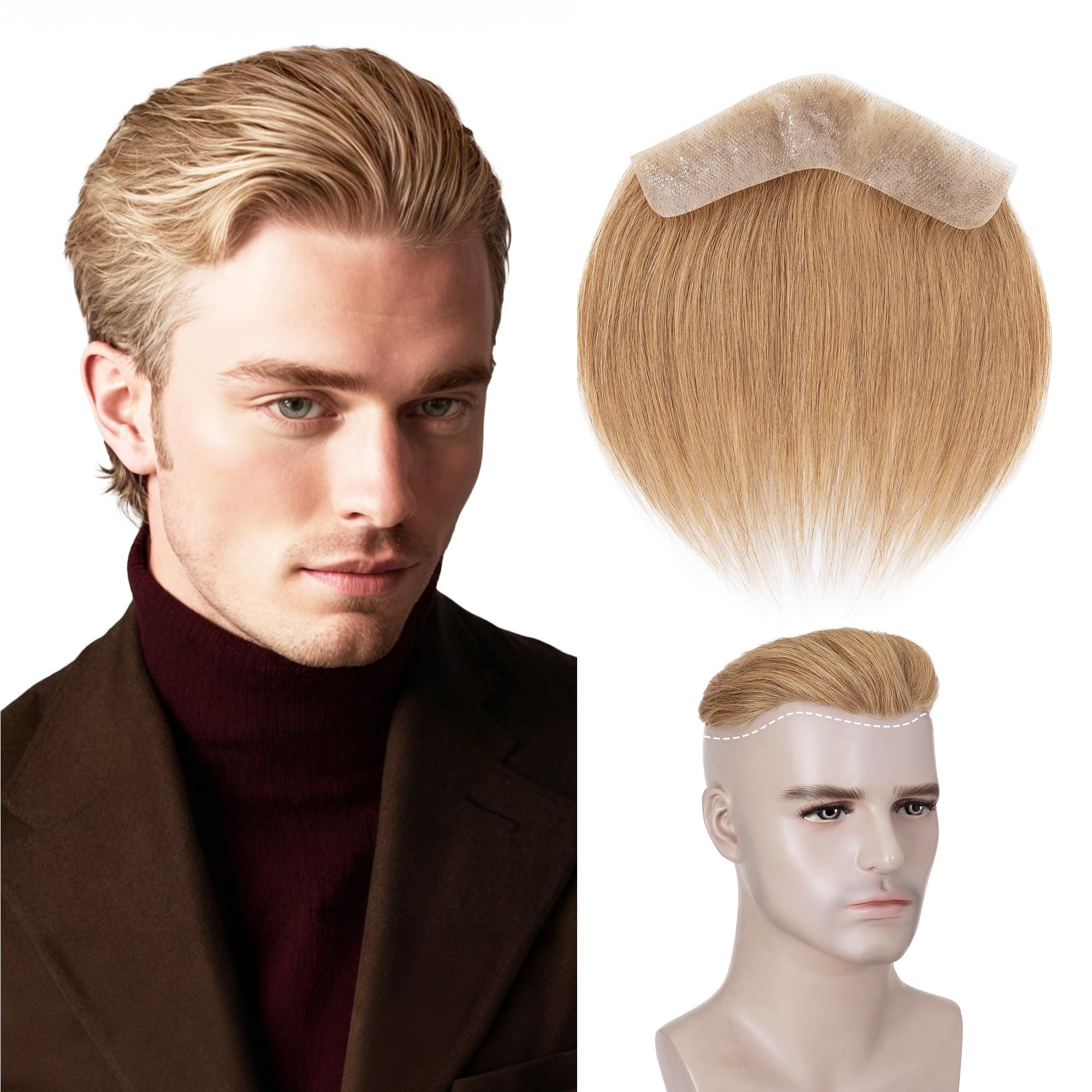 SEGO Men's Hairline Toupee 100% Human Hair Forehead Hairpiece V-Shape 1.57"x7" PU Thin Skin Base Natural Hairline Replacement（Hair:6" Long-#27 Dark Blonde