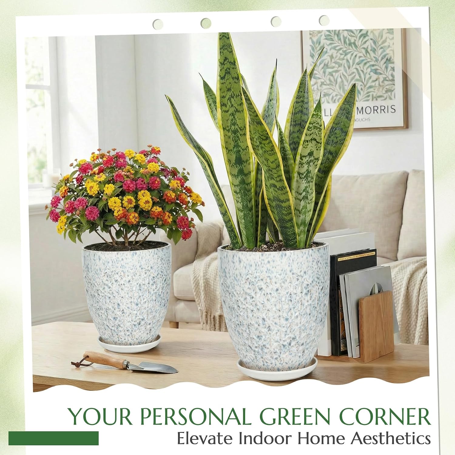 11.8 inch flower pots for indoor plants,ceramic planter with saucer drainage leak-proof mesh gardening gloves (spotted blue) spotted blue 11.8 inch