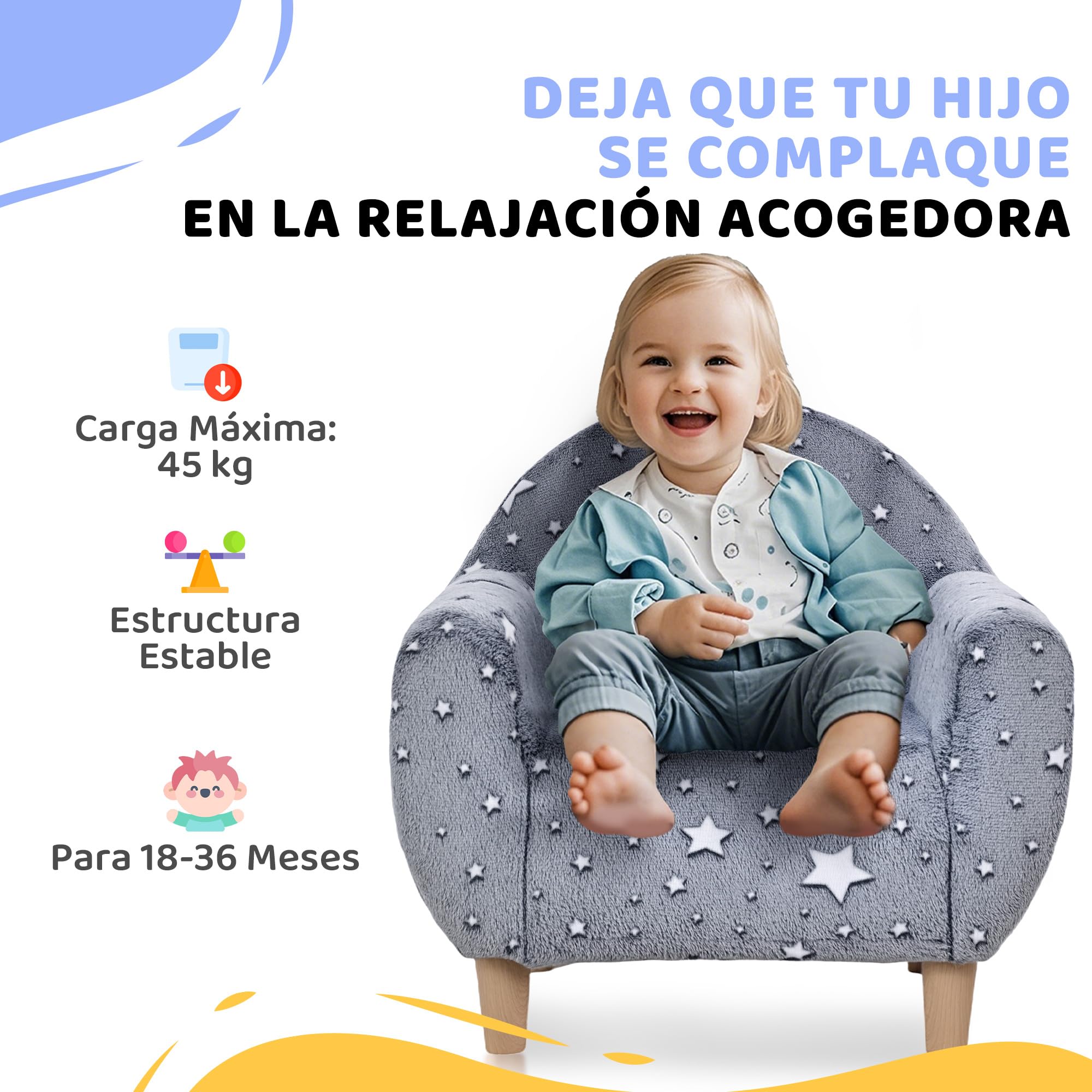 AIYAPLAY Sillón Infantil con Diseño de Estrellas Que Brillan en la Oscuridad Sofá para Niños de 18-36 Meses Tejido Suave de Terciopelo Reposabrazos Carga 45 kg Gris