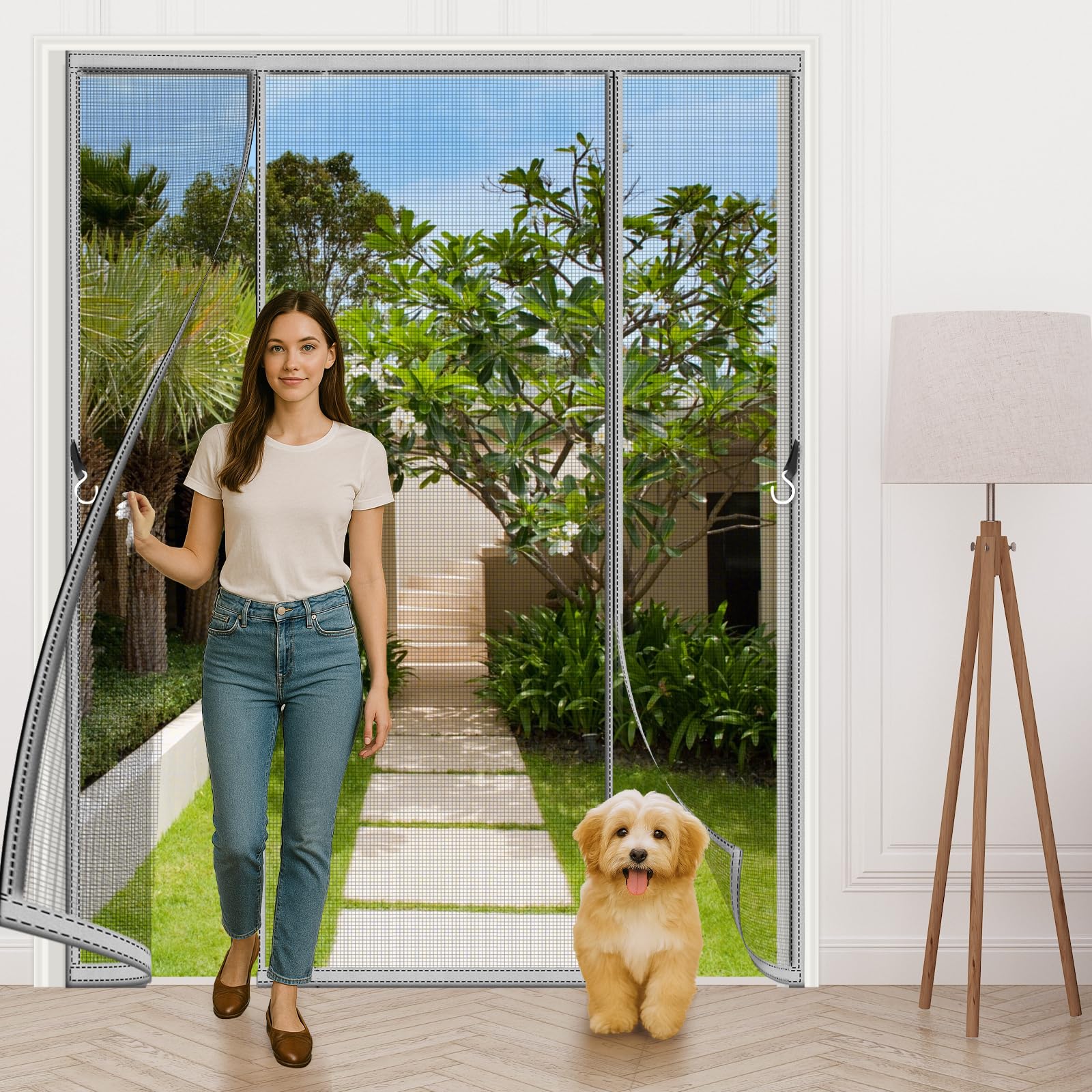 Magnetic Fly Screen for Double Doors 170x265cm,Heavy Duty Self-Closing Full Frame Mesh with Insect Proof & No-Tools Hook & Loop Installation for Patio Sliding French Doors, Grey — image 1