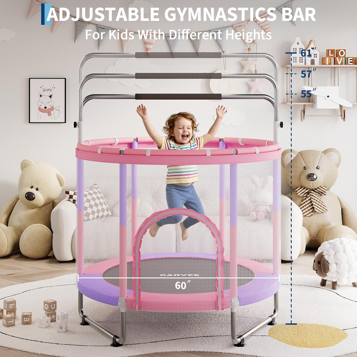 Garvee 60" Trampoline for Kids with Enclosure, 440lbs Capacity ASTM Certified-Adjustable Mini Trampolines for Kids, Safety Pad, Baby Trampoline Indoor/Garden, Gift for Boy and Girl, Pink+Purple