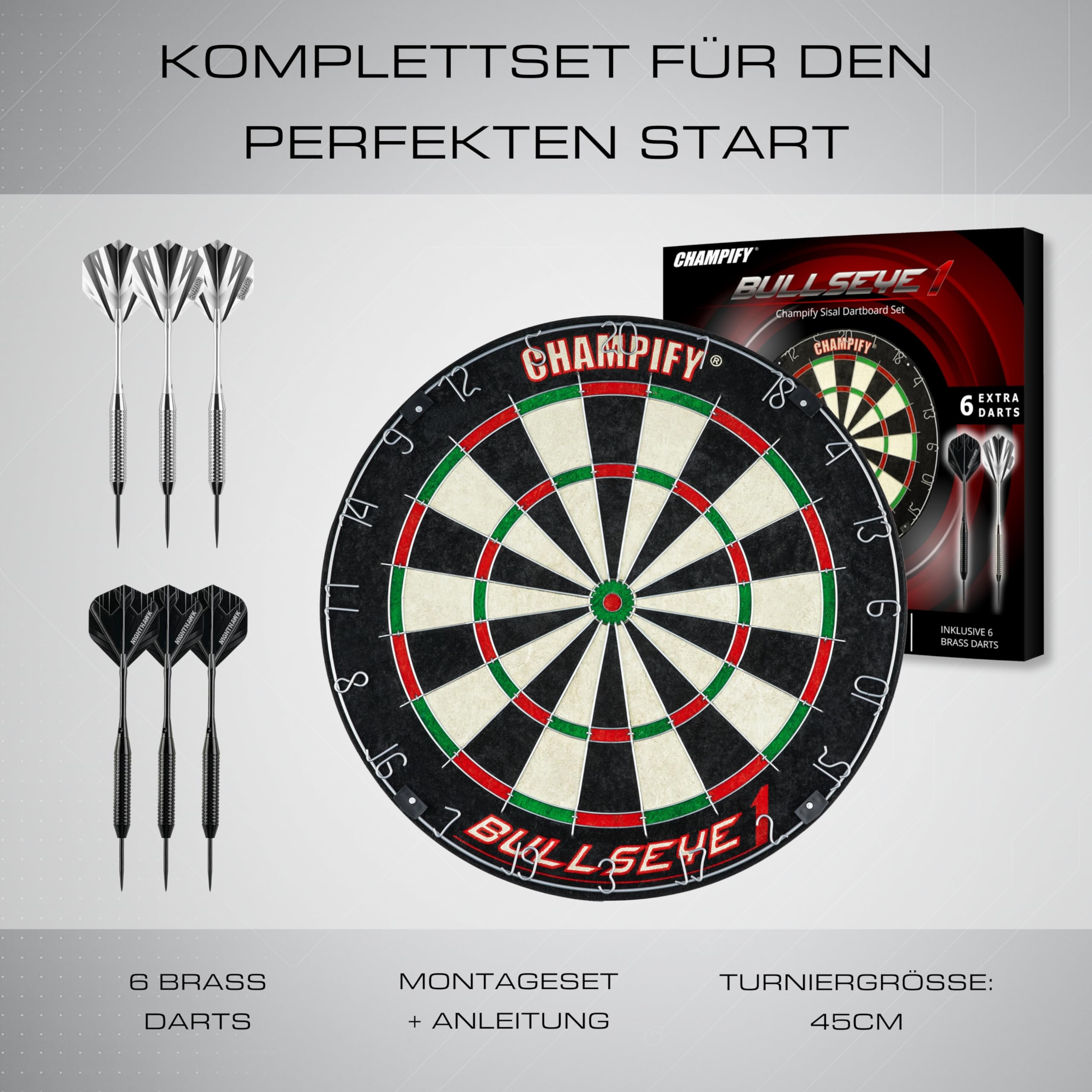 Champify® Dartscheibe Steeldart inkl. 6 Darts – Turniergröße Ø 45 cm – Hochwertiges Sisal Dartboard Set mit 6 Brass Darts & Montagekit – Steeldartscheibe für Anfänger & Fortgeschrittene – Indoor